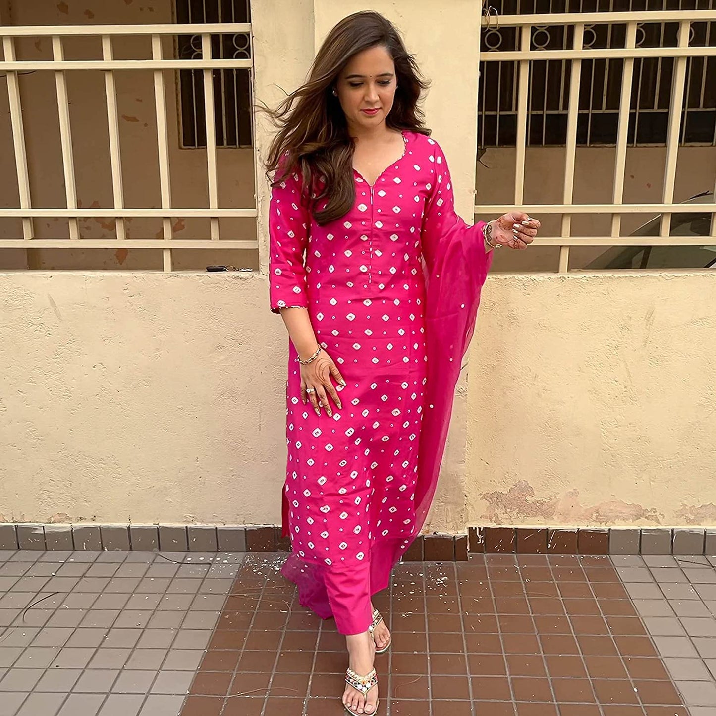 GoSriKi Women's Rayon Printed Kurta with Palazzo and Dupatta (Railing Pink_Pink_)