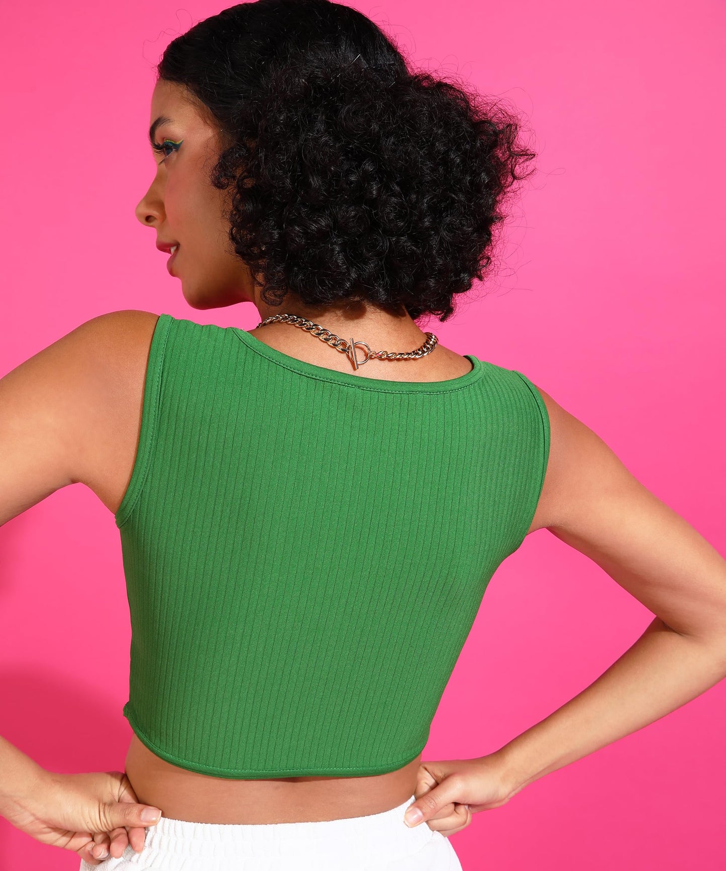 POPWINGS Women Casual Green Corset Crop Top