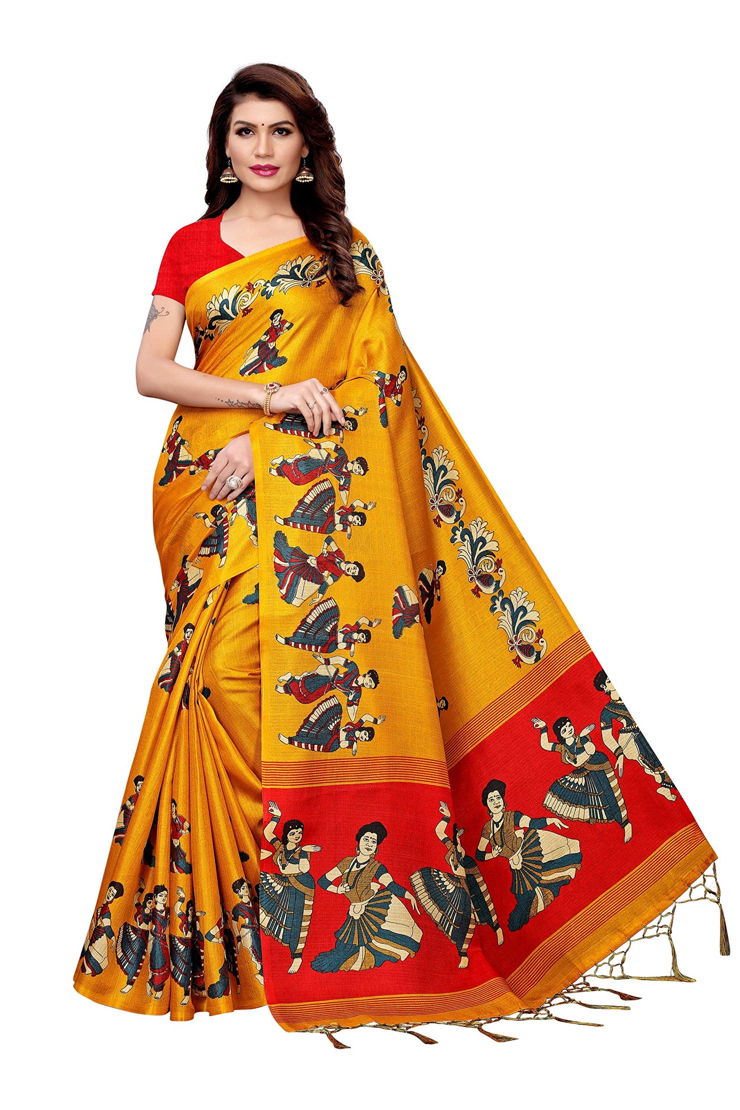 Yashika Womens Polyester Art Silk Kalamkari Art Silk and Bhagalpuri Saree with Blouse Piece (Multicolour)