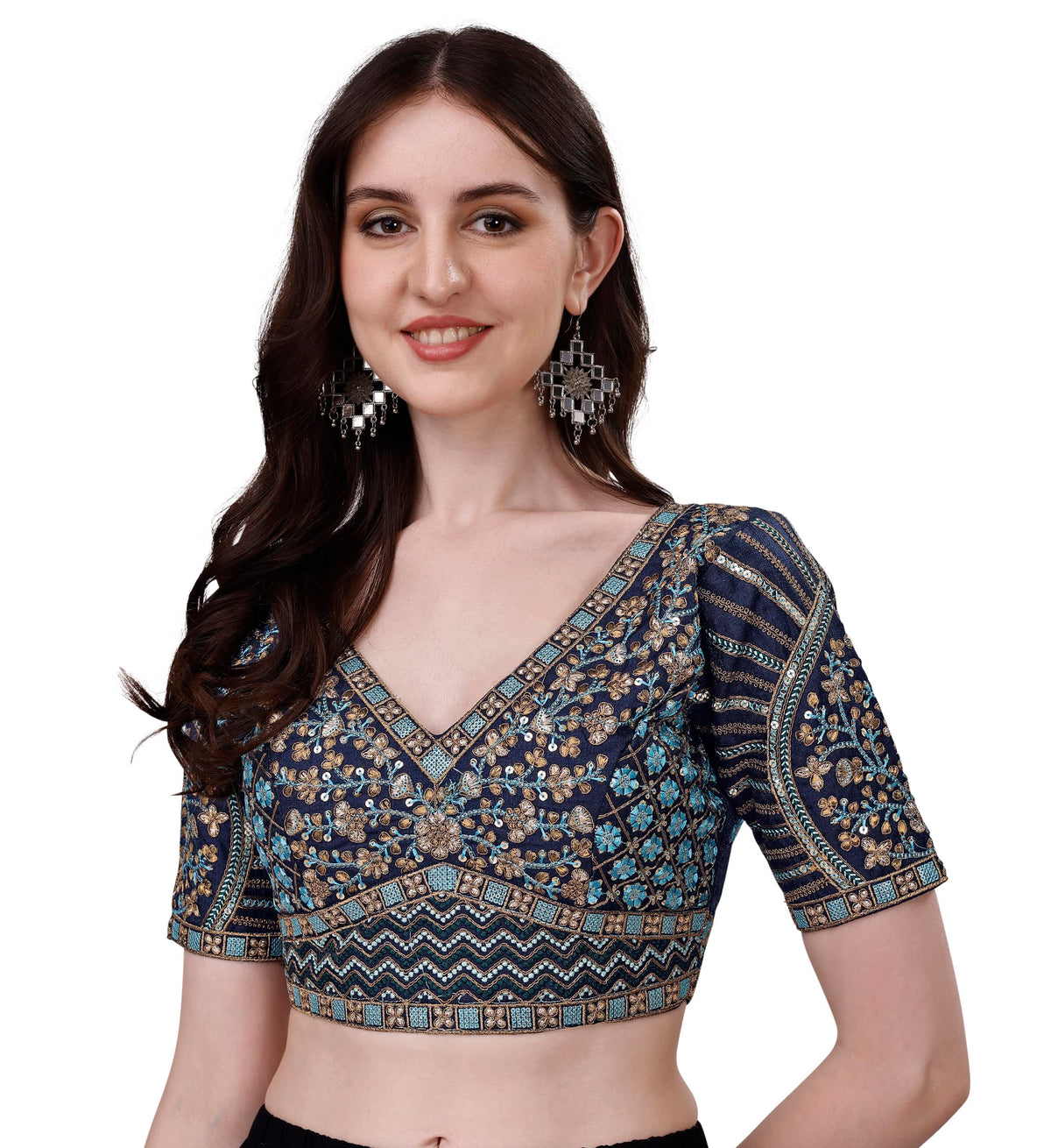 Pujia Mills Mills WomenS Fancy Readymade Heavy Coding Embroidary Worked Half Sleeve Multicolor Saree Blouse(Mushroom) (Navy Blu