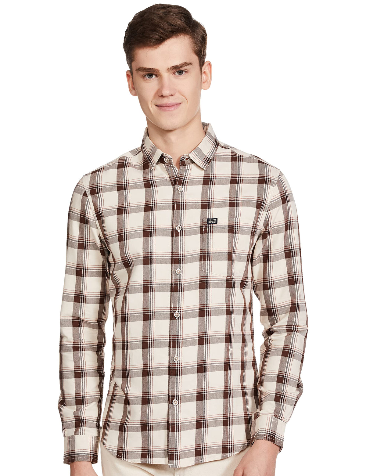 The Indian Garage Co Beige Regular Fit Spread Collar Checkered Long Sleeves Shirt