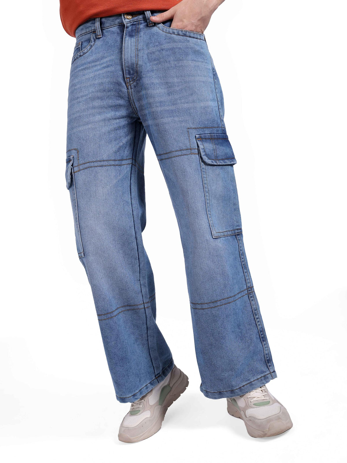 The Indian Garage Co Men Baggy Solid Mid-Rise Cargo Denim