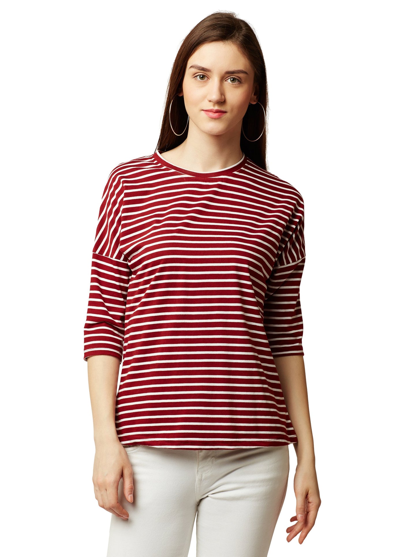 Miss Chase WomenS Maroon And White Round Neck 3/4 Sleeve Striped Top (Mcaw14Tp01-69-139-03-Multicolor-S)