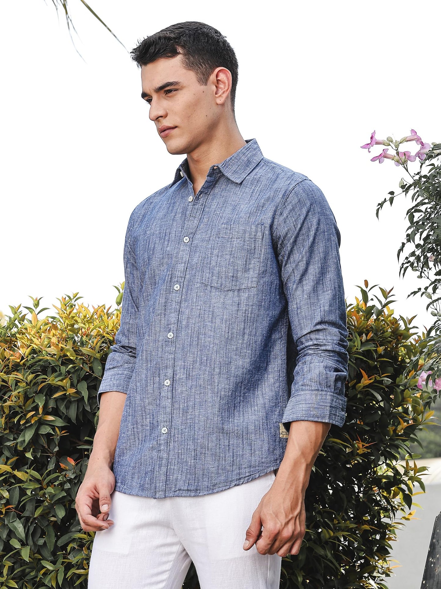 Thomas Scott Mens | Solid | Premium Linen Blend | Spread Collar | Summer Wear | Long Sleeve | Shirts for Men Blue
