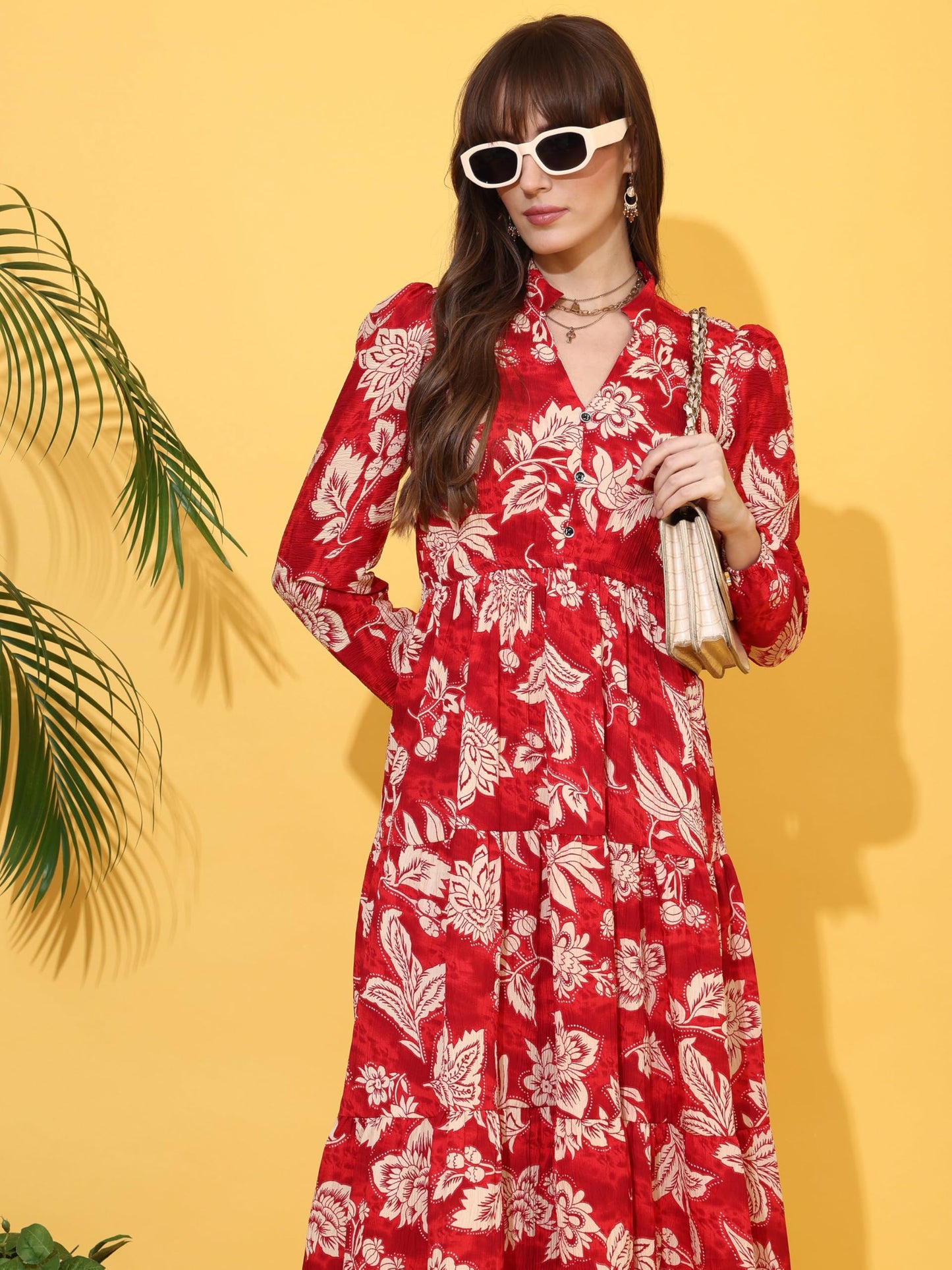 Sheetal Associates WomenS Casual Full Sleeve Crepe Fit & Flare Dress | Comfortable Relaxed Fit Summer Party Dress Red