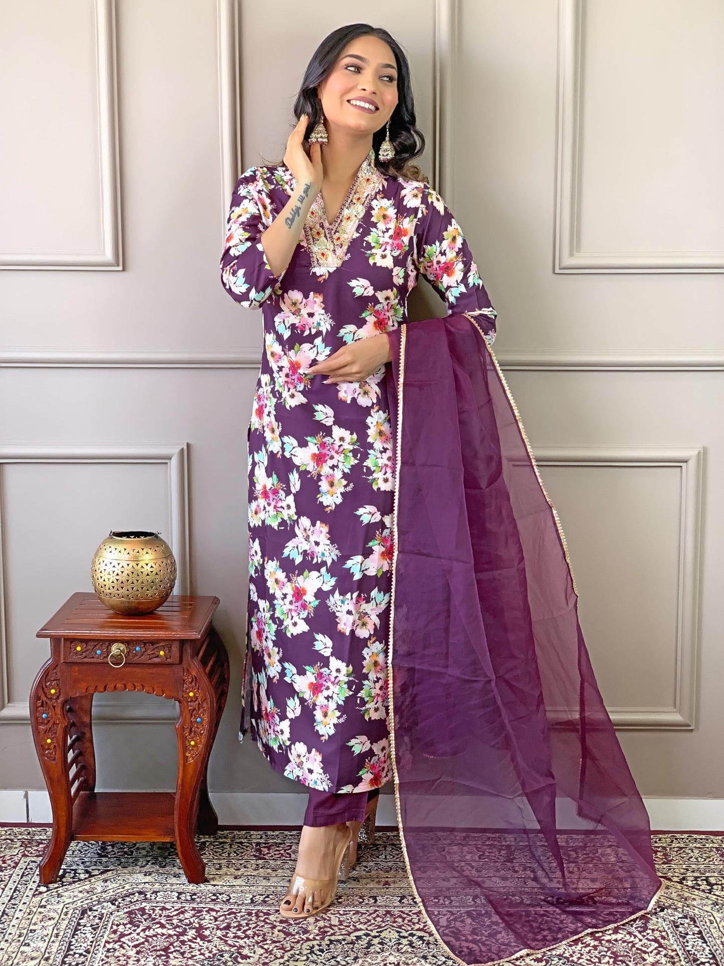 Naixa Womens Wine Rayon Blend Embroidered and Printed Straight Kurta with Rayon Blend Pant and Organza Dyed Dupatta Sets (NX-507