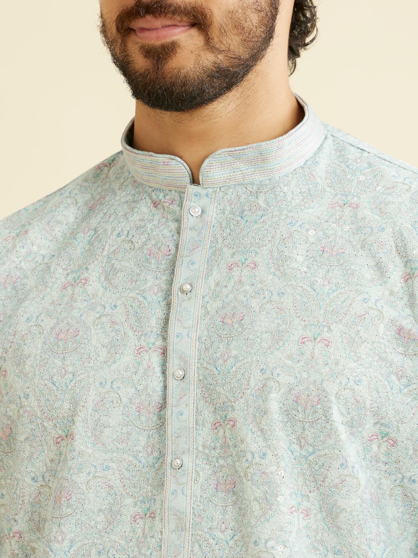 Manyavar MenS Cotton Blend Chikankari Sequined Kurta Pyjama Set (Green,M)