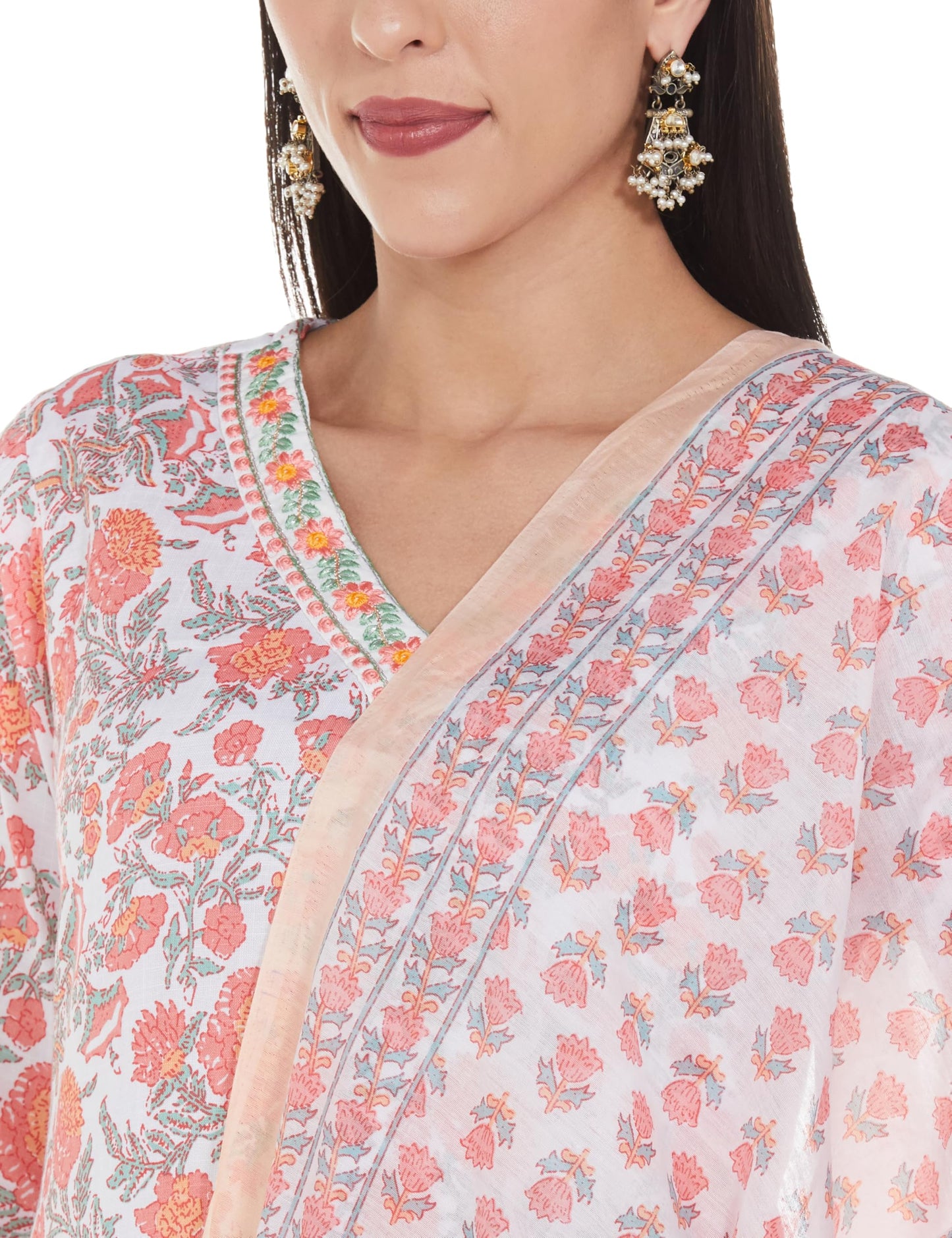 Klosia Women Viscose Block Printed Kurta and Pant with Dupatta Suit Set (Medium), Peach