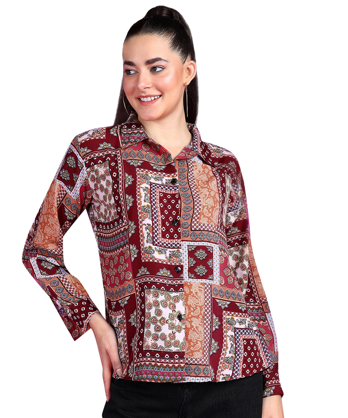 POPWINGS Women Casual Floral Printed Shirt for Women|| Spread Collar Full Sleeves Women Shirt for Summer, Regular Fit, Red