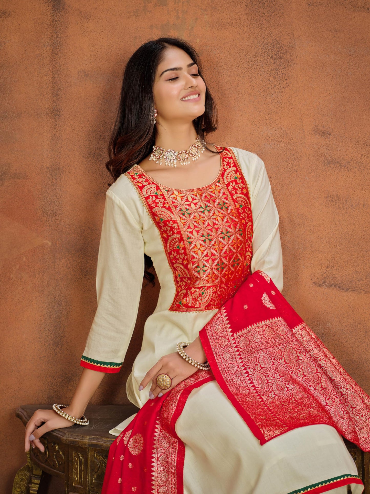 ishin Women's Ethnic Cream Art Silk Kurta Sets with Dupatta