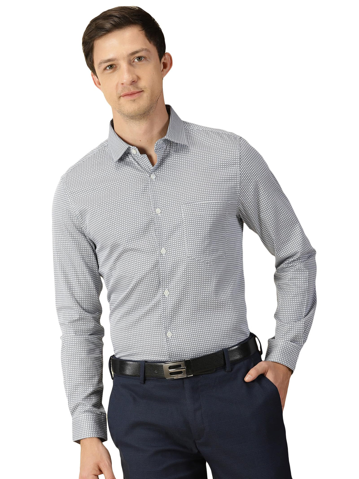 Thomas Scott Mens 100% Cotton Printed Slim Fit Formal Shirt - Navy