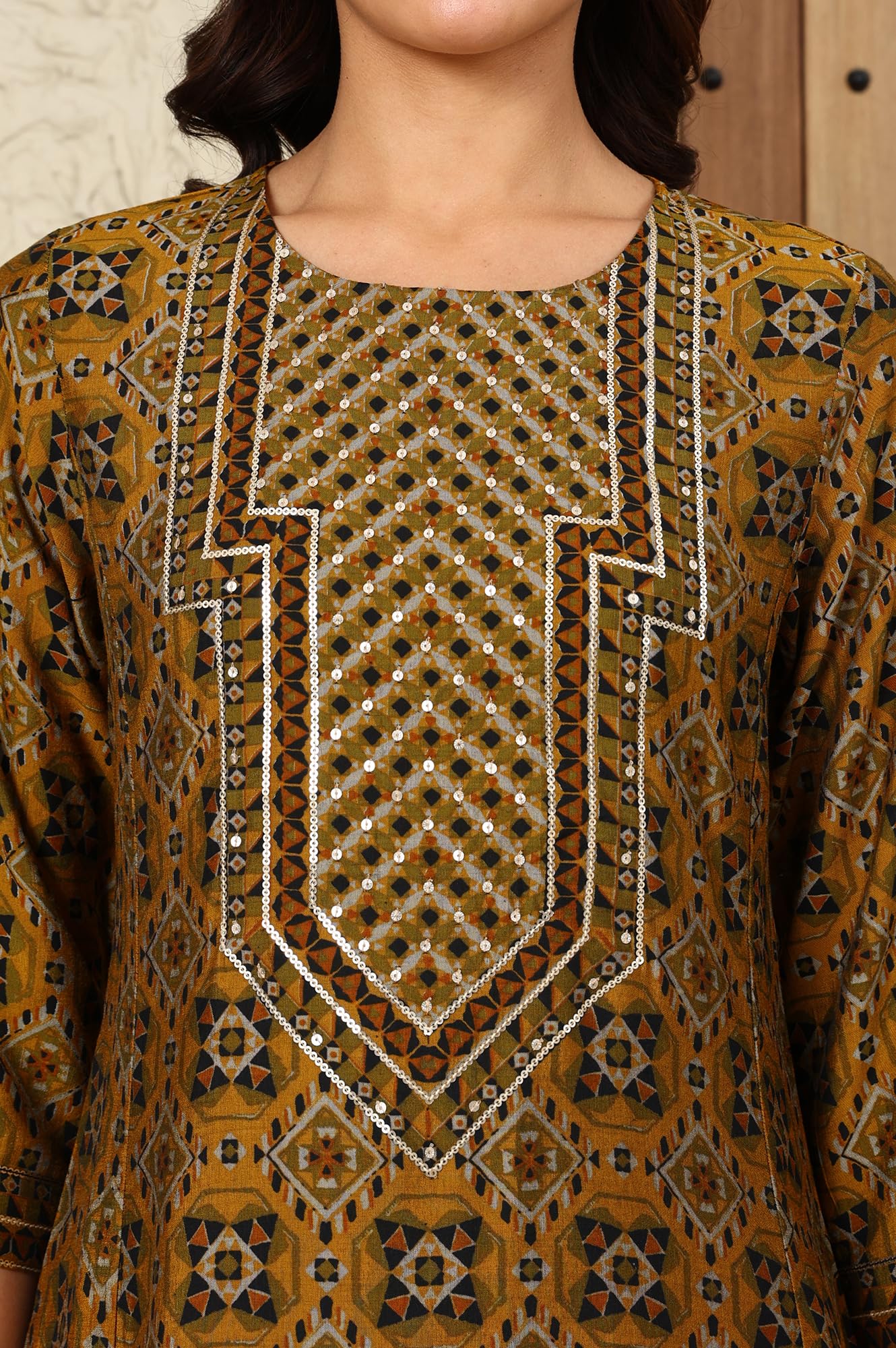 W for Woman Mustard Yellow Geometric Printed Sequined Straight Kurta