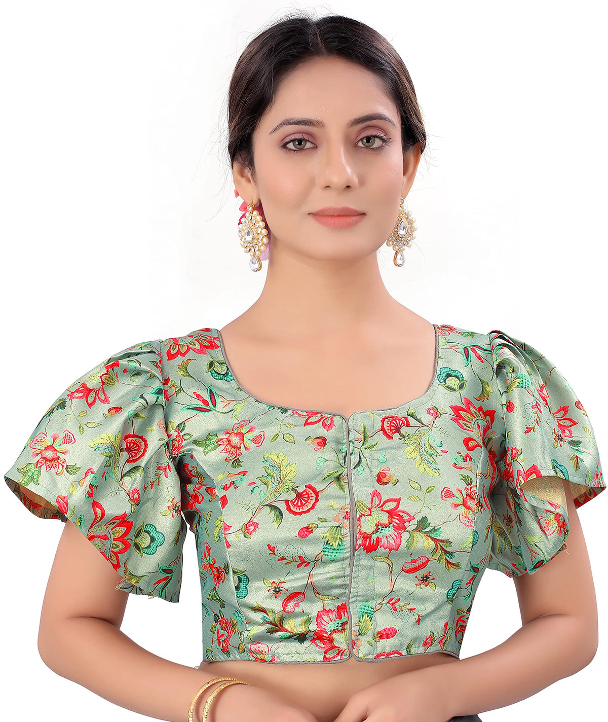 Pujia Mills WomenS Multicolor Butterfly Floral Print Pattern Ruffle Sleeve Readymade Saree Blouse