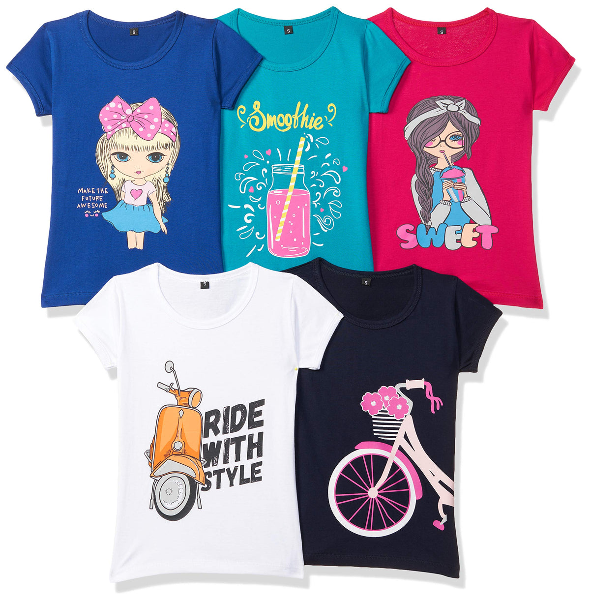 T2F Girls Cotton Regular Fit T-Shirt(Pack of 5)