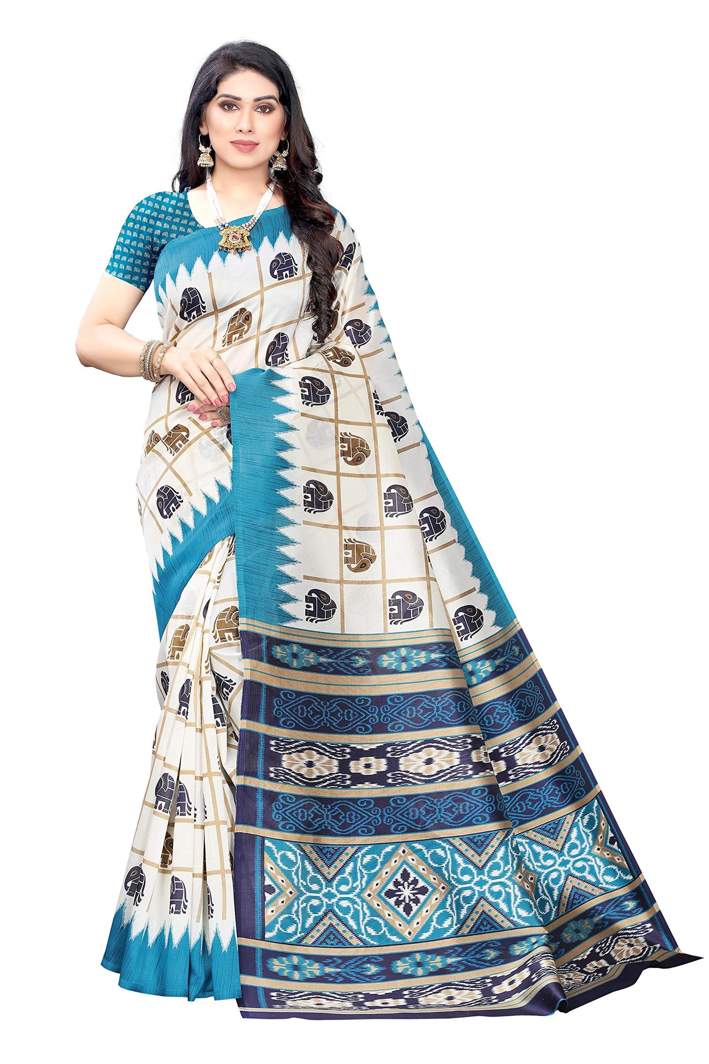 ANNI DESIGNER Womens Blue Silk Printed Saree With Blouse (MILY BLUE_Free Size)