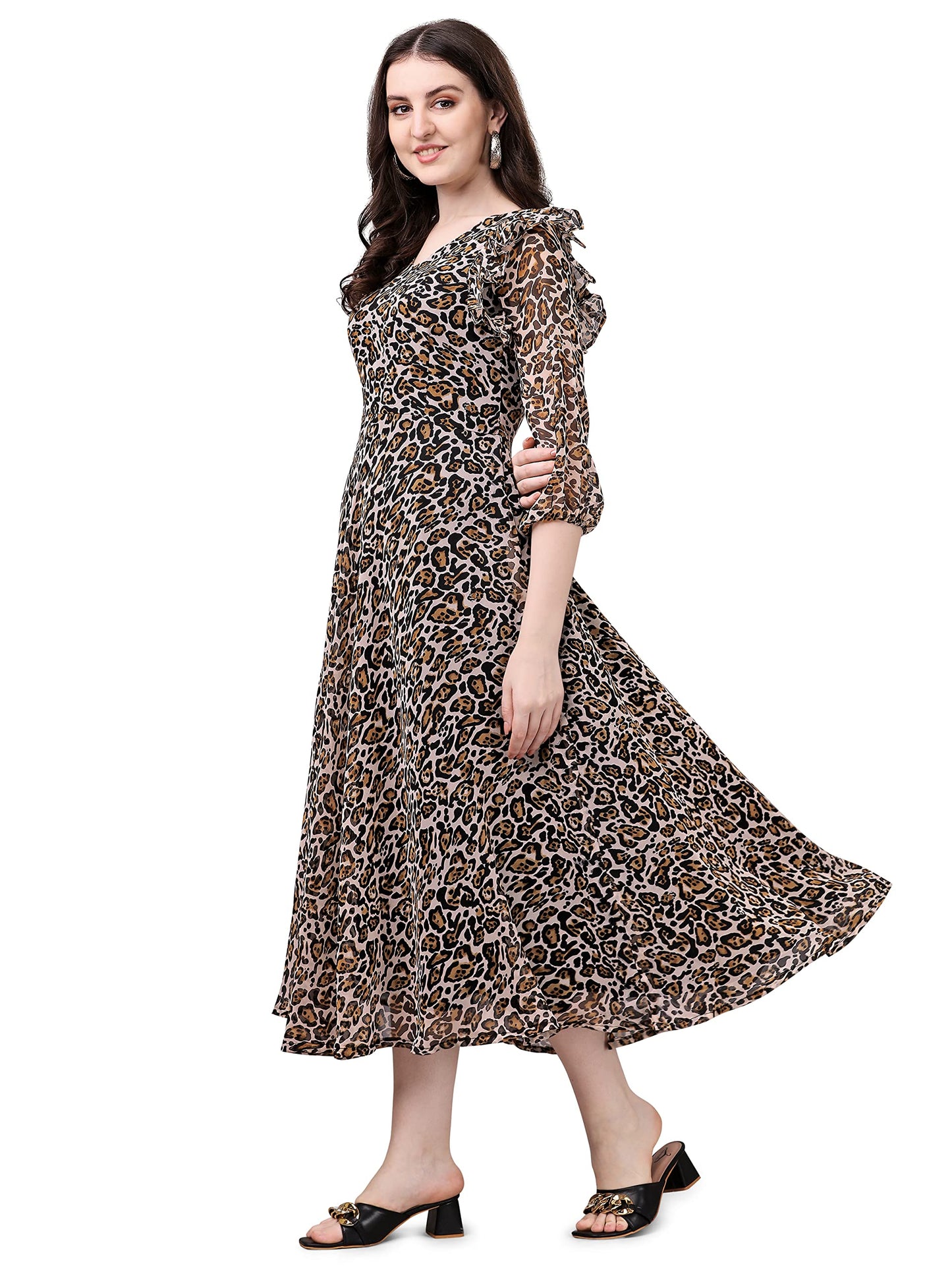 Fashion2Wear WomenS Georgette Midi Dress With Round Neck Floral Printed A Line Style Knee Length 3/4Th Puff Sleeves And Regular