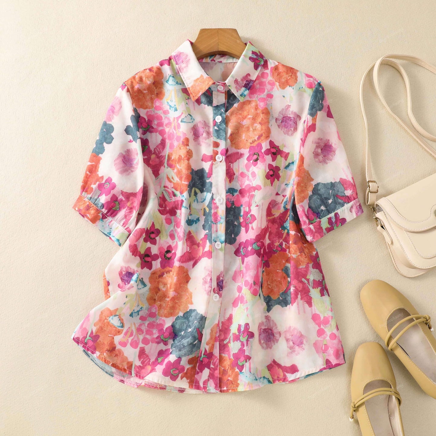 Gufrina Women Pink Multicolor Floral Print Button-Down Shirt With Elbow Sleeves And Collar Neck In Soft Breathable Fabric Ideal