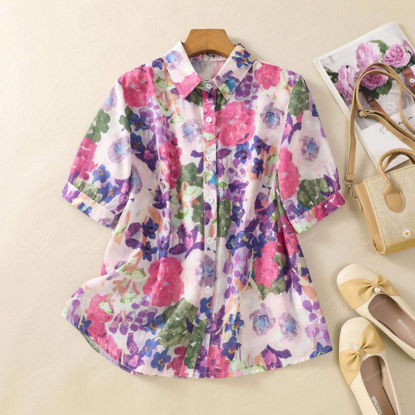 Gufrina Women Purple Multicolor Floral Print Button-Down Shirt With Elbow Sleeves And Collar Neck In Soft Breathable Fabric Idea