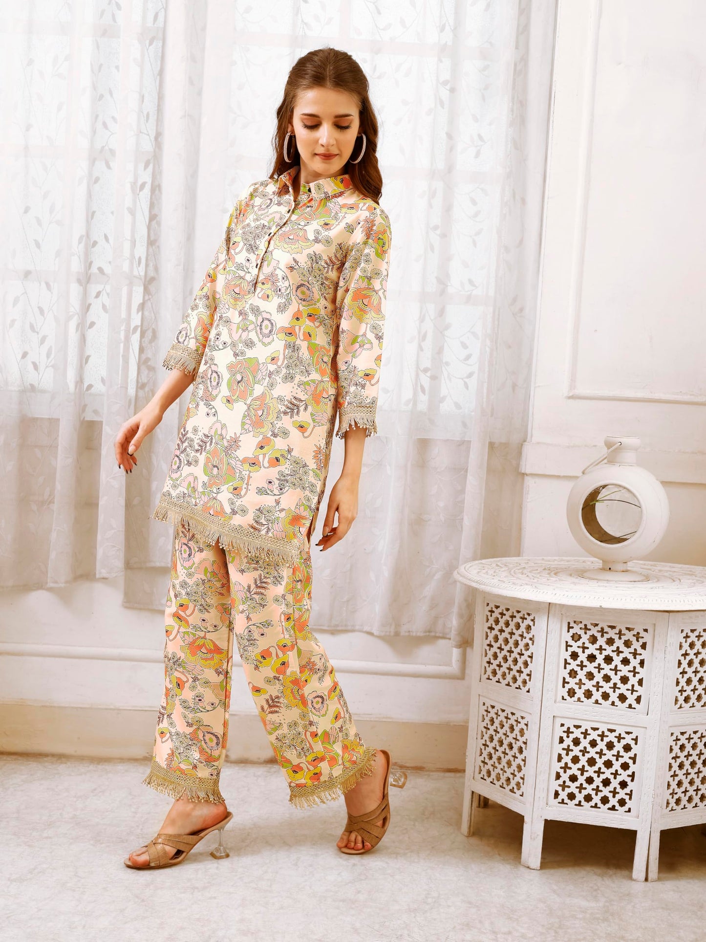 SMOWKLY Cotton Blend Fancy Floral Printed Co-Ords || Pant Top Dress Pair || Kurta Pant Set For Women || Regualar Fit 3/4 Sleave Casual Indo-Western Loungewear Wear