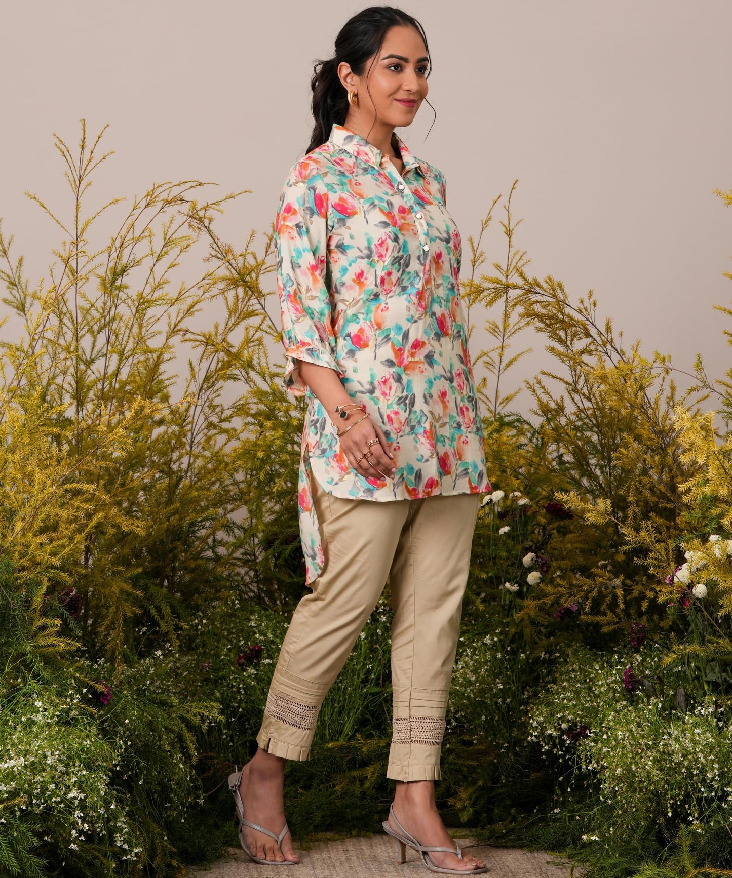 Libas Cream Printed Silk Blend Pathani Kurti
