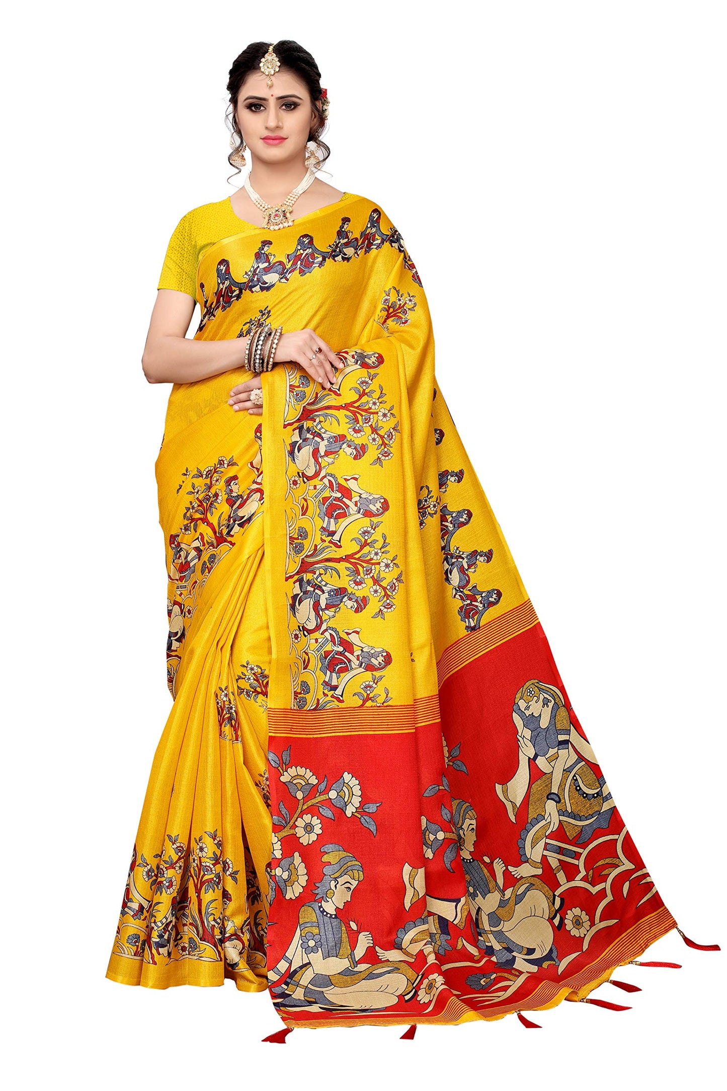 ANNI DESIGNER Womens Yellow Color Khadi Silk Printed Saree Border Tassels With Blouse Piece(COUPLE MEHANDI-YELLOW-LATKAN_Free S