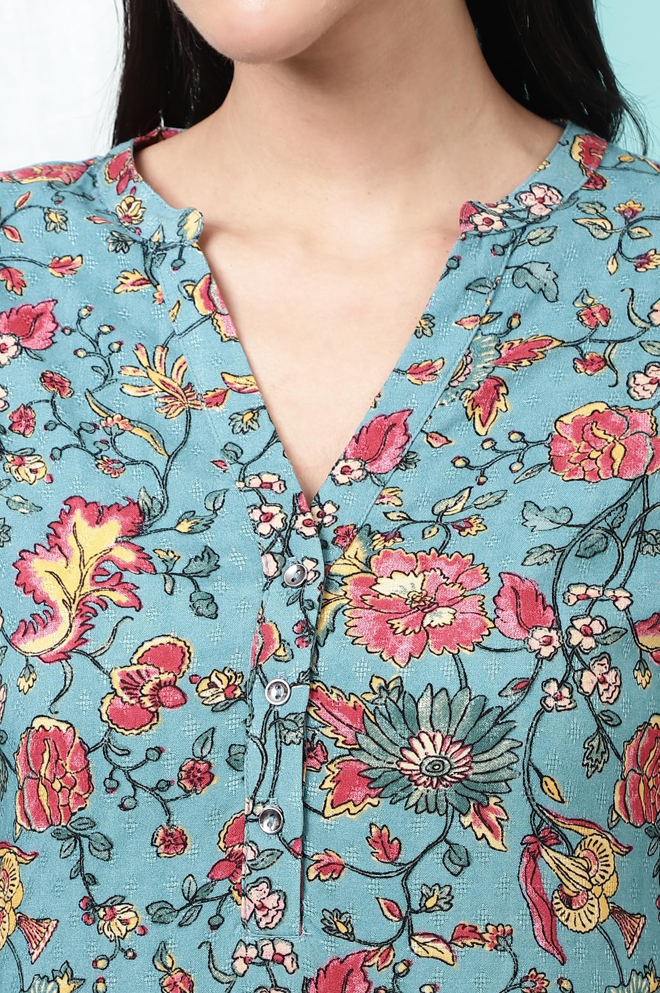 W for Woman Teal Blue Floral Printed Straight Kurta