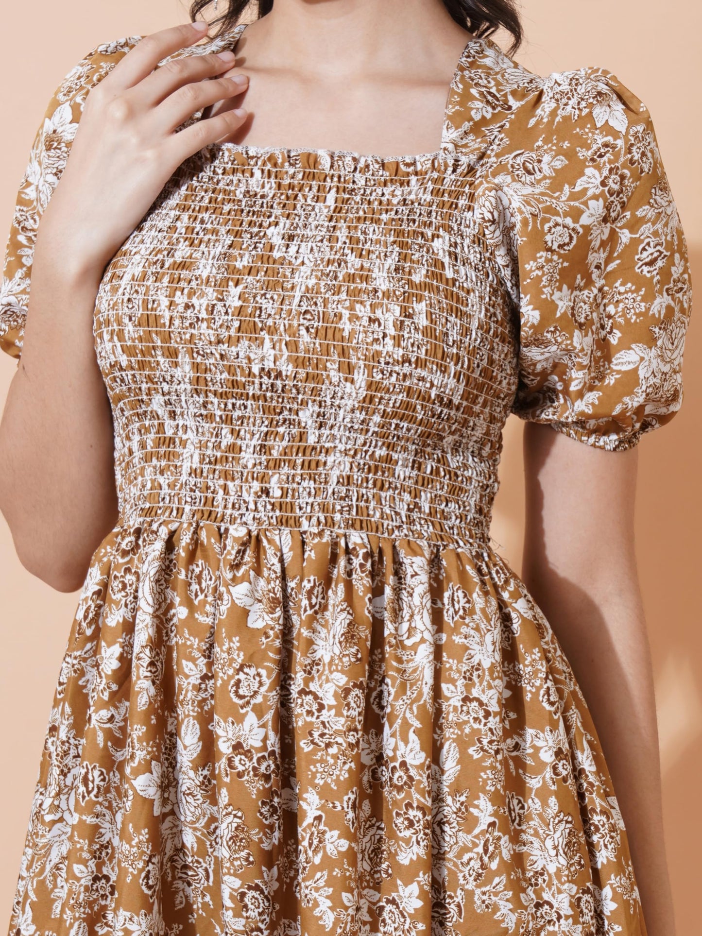 KZULLY | Elegance: Smocked A-line Midi Dress - Superior Comfort & Chic Style Mustard