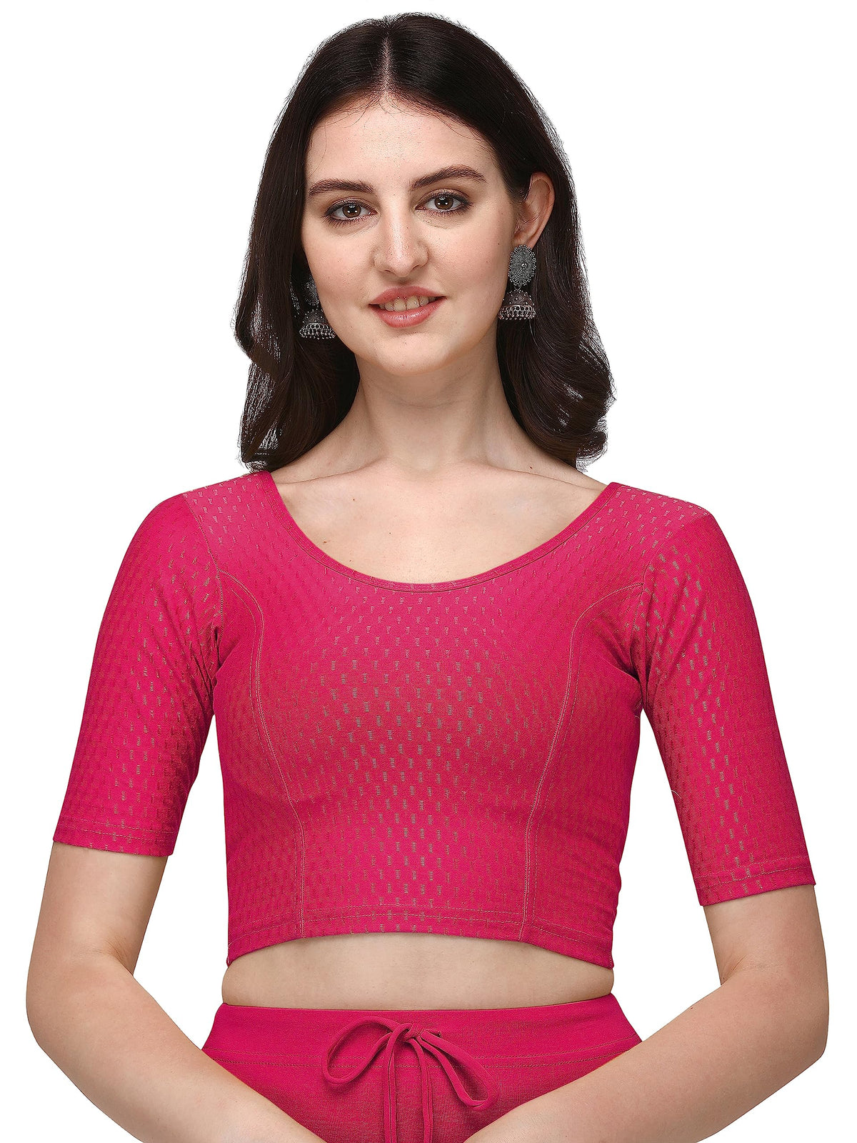 Shiv Textiles Round Neck Dobby Cotton Lycra Stretchable Elbow Sleeve Readymade Saree Blouse For Women Stylish (Pinkover Size)