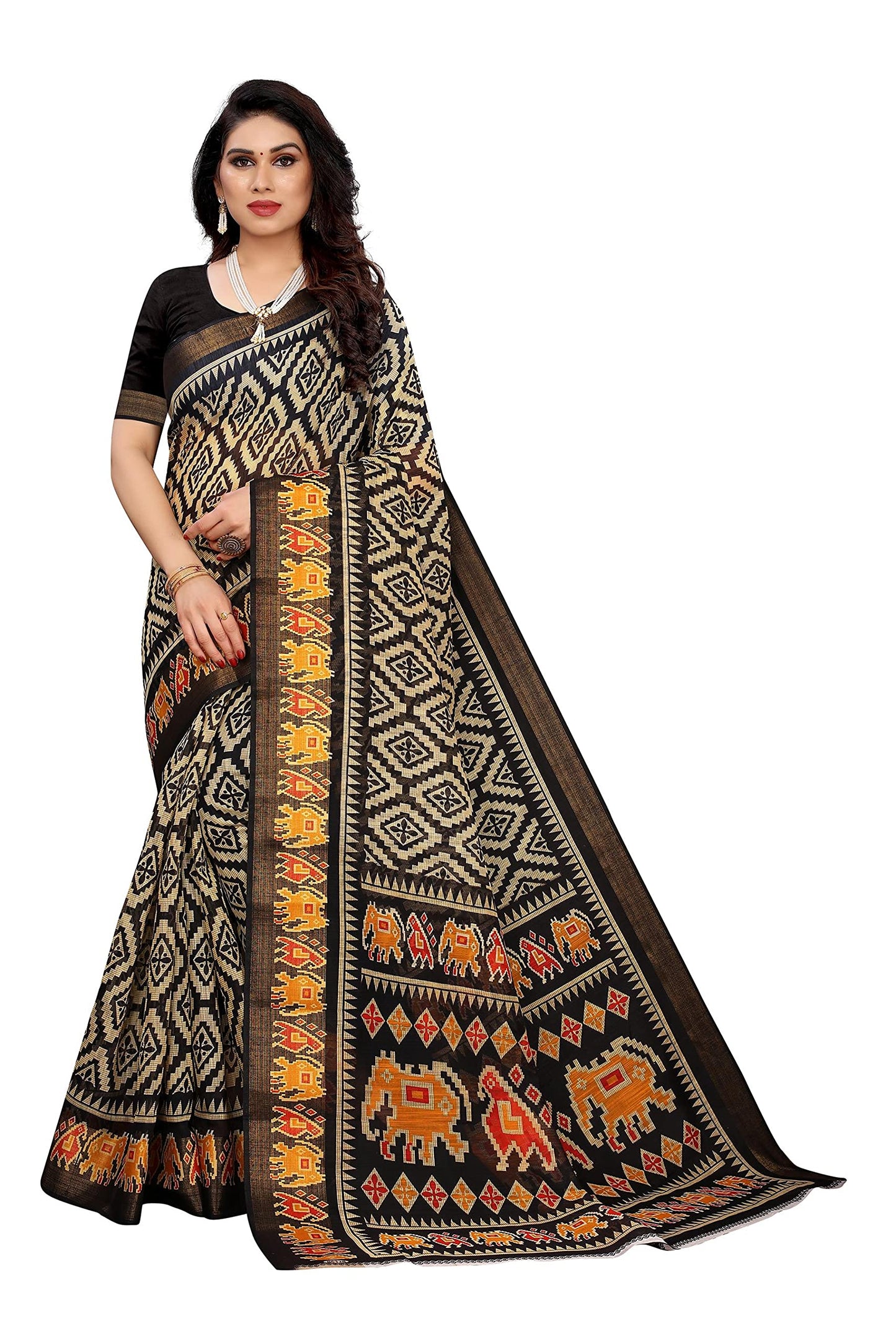 ANNI DESIGNER Womens Linen Cotton Kalamkari Printed Saree with Blouse Piece (LASYA BLACK_Black)