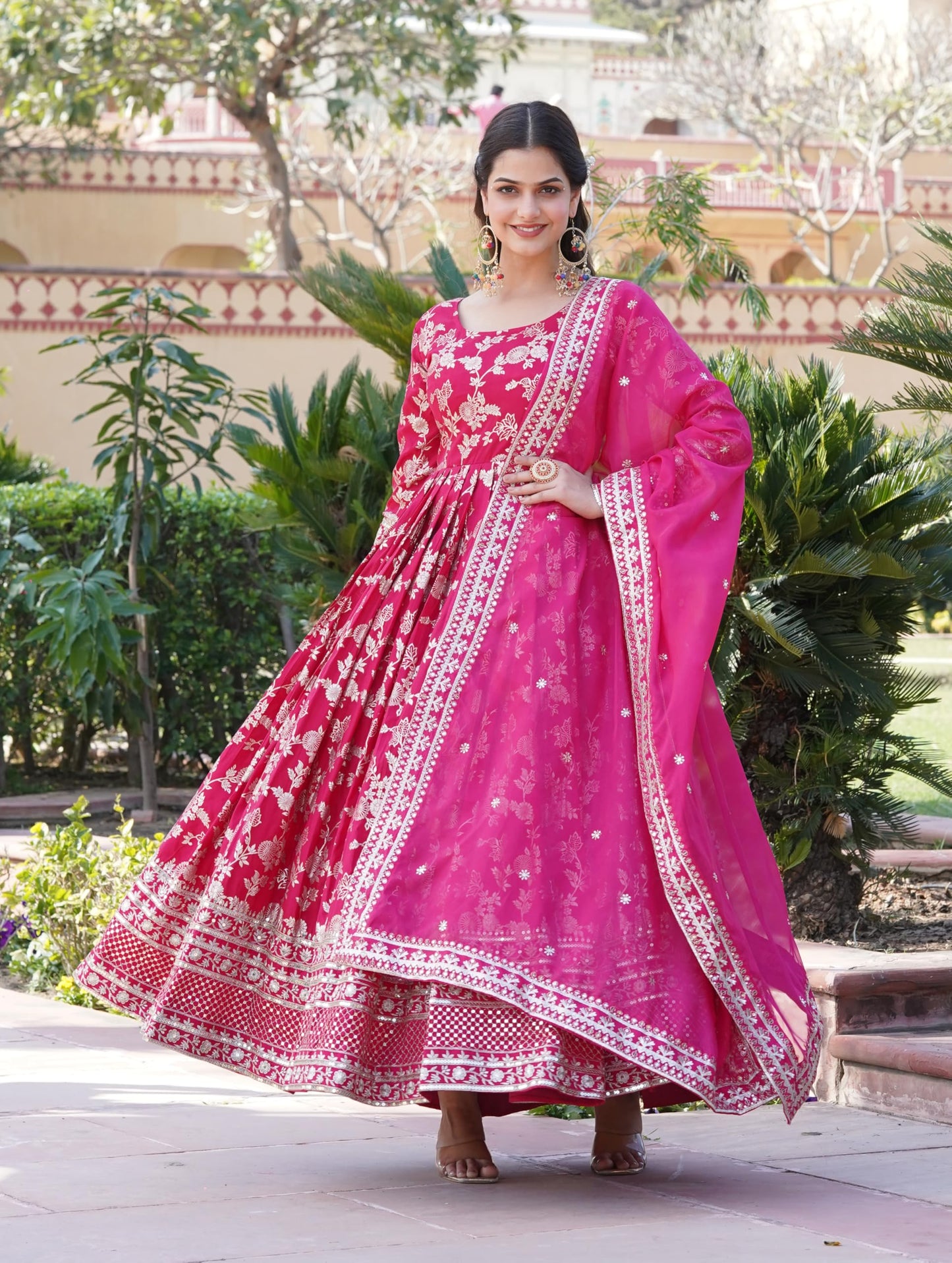 Fashion Basket Women's Georgette Silk Anarkali Kurta Set with Dupatta, 2XL, Pink, Model 62