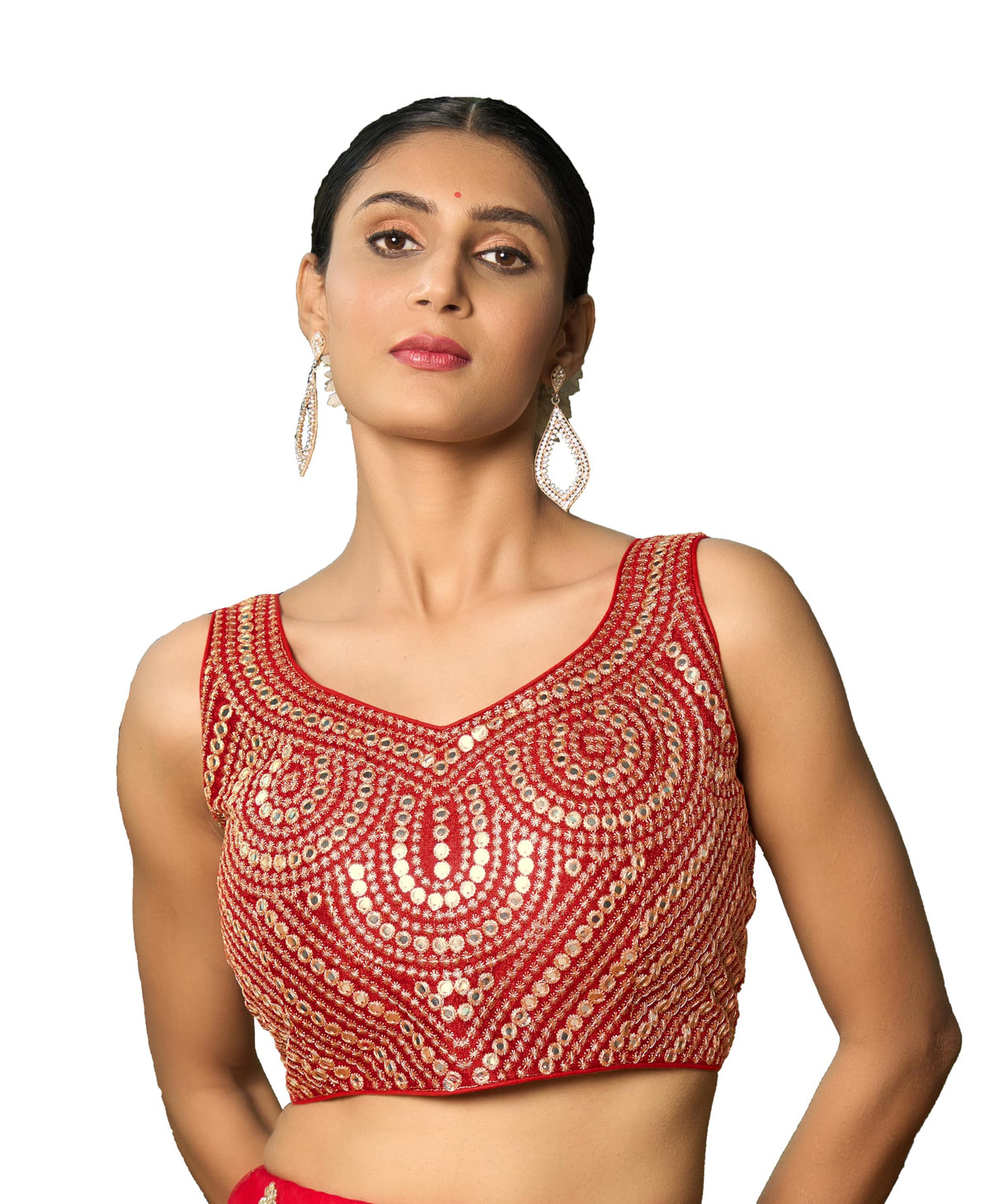Pujia Mills Fancy WomenS Foil Mirror And Thread Zari Work Sweetheart Neck Silk Sleeveless Blouse (Pc Bindi Foil Parent) (Red, 3