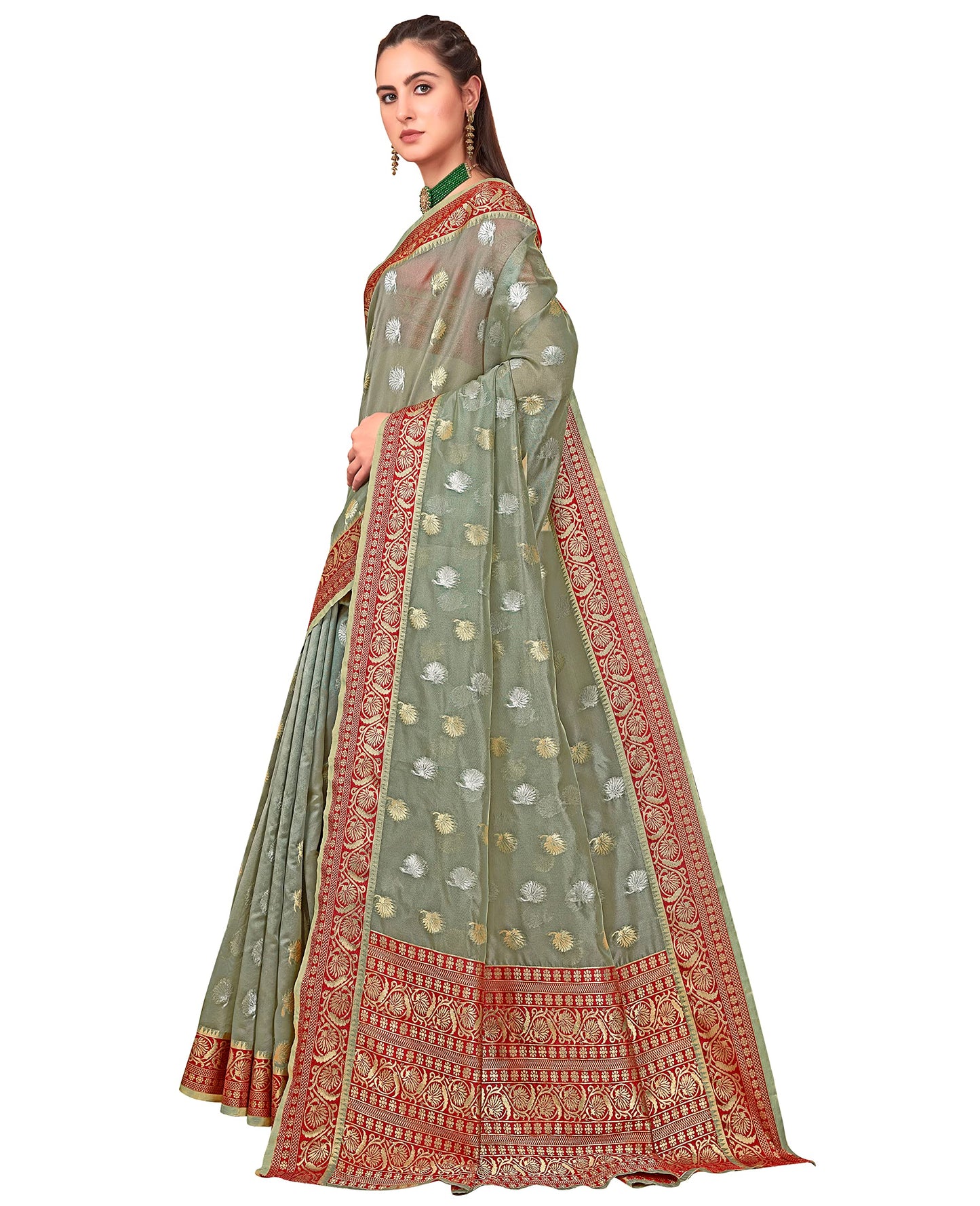 Glory Sarees WomenS Banarasi Organza Silk Saree With Blouse Piece (Amrutam101_Grey)