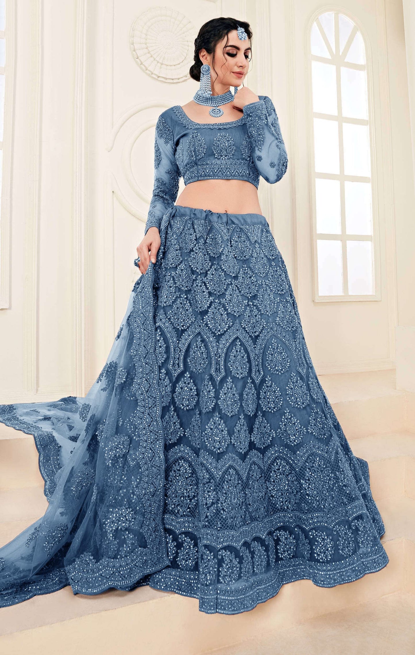 PATLANI Letest Design chain embroderied with Stone Work Woman s Flered Lehenga choli.Aqua Blue (Semi Stitched)