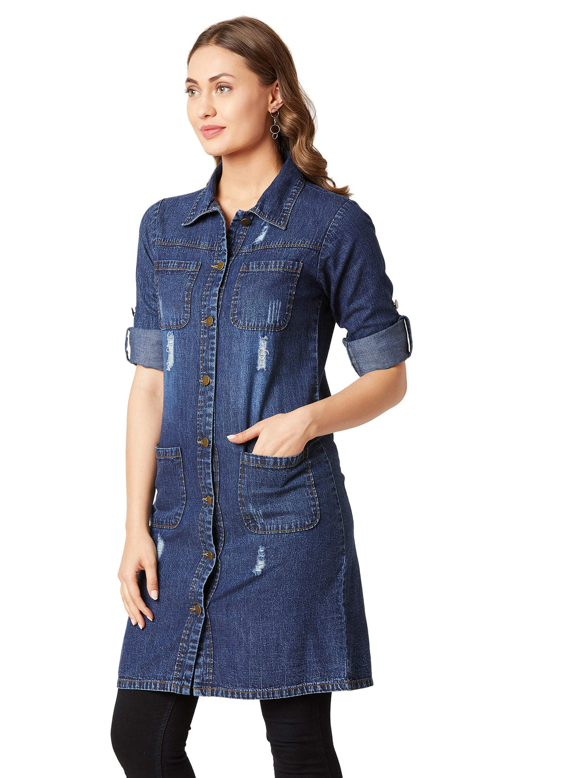 Miss Chase WomenS Solid Collared Full Sleeves Patch Pocket Denim Knee-Length Jacket