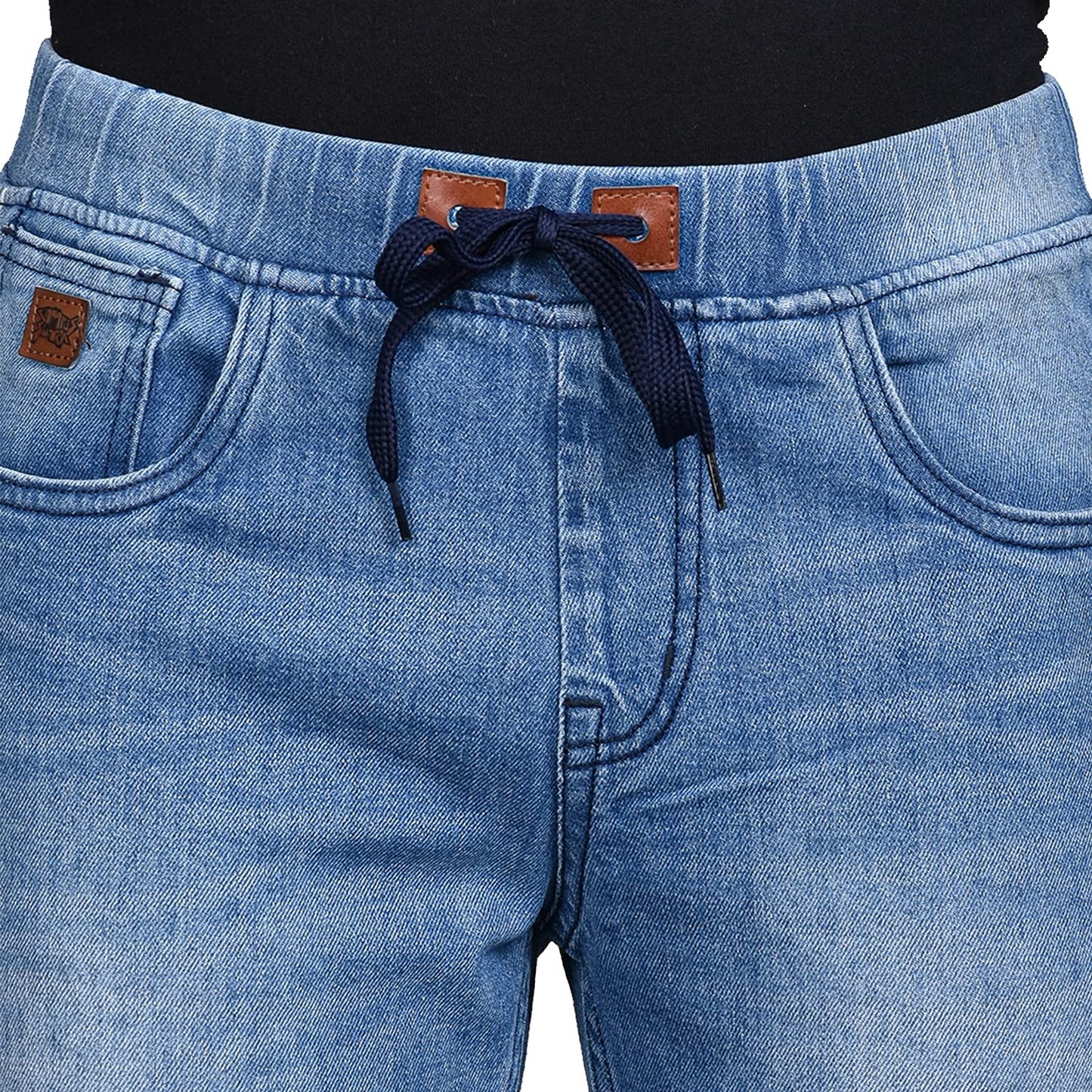Campus Sutra Mens Classic Blue Light-Washed Regular Fit Denim Jeans | Elasticated Hem Drawstring Mid-Rise Stretchable Cotton Den
