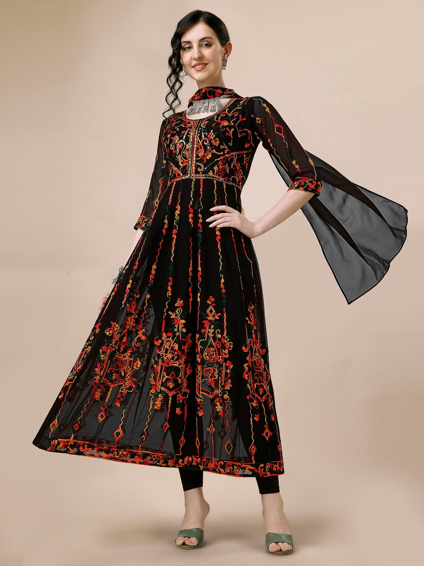 EthnicJunction Women s Georgette Embroidered and Sequence Work Anarkali Kurta and Dupatta Set Black