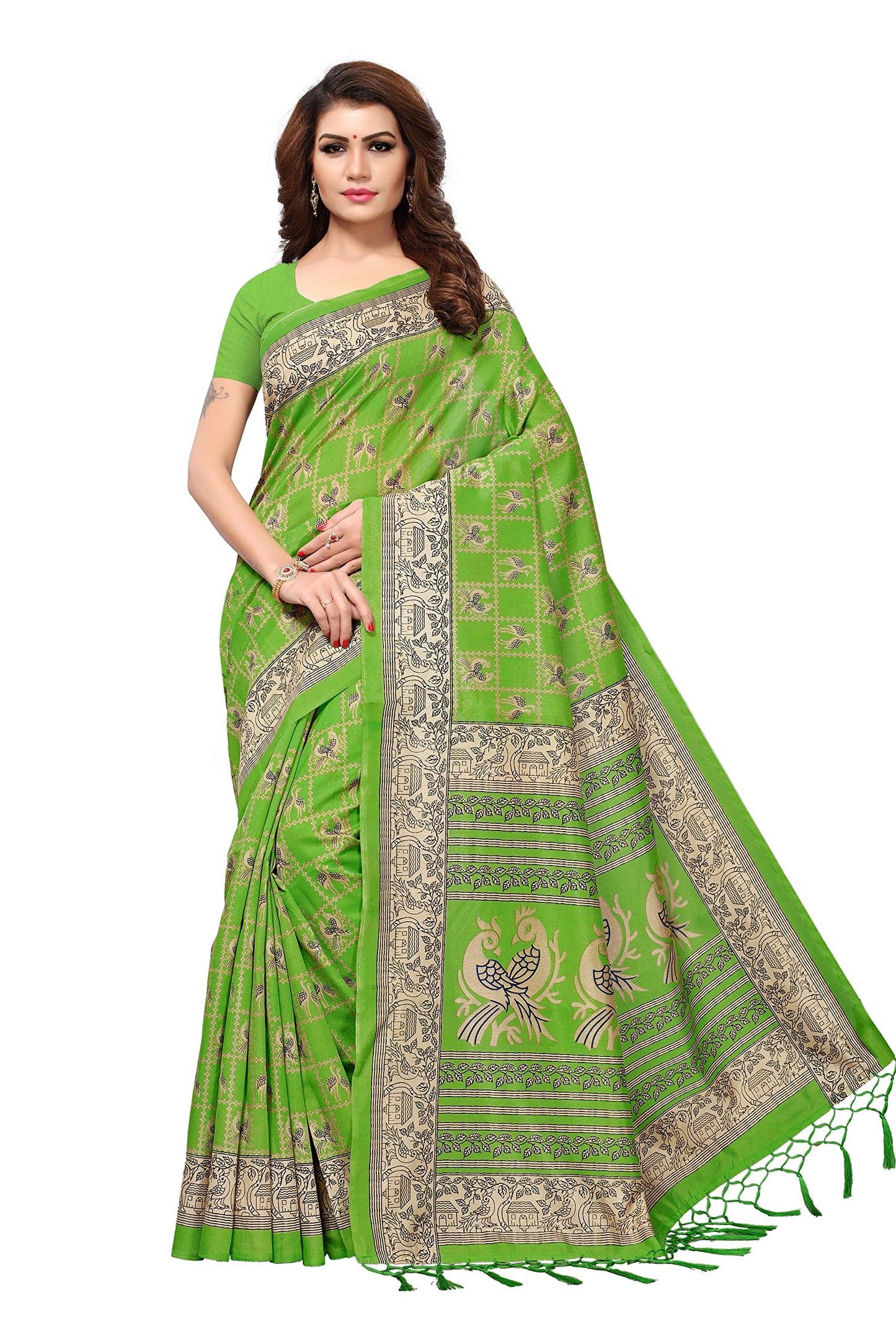 ANNI DESIGNER Womens Mysore Silk Tassels Border Bird Printed Saree With Blouse
