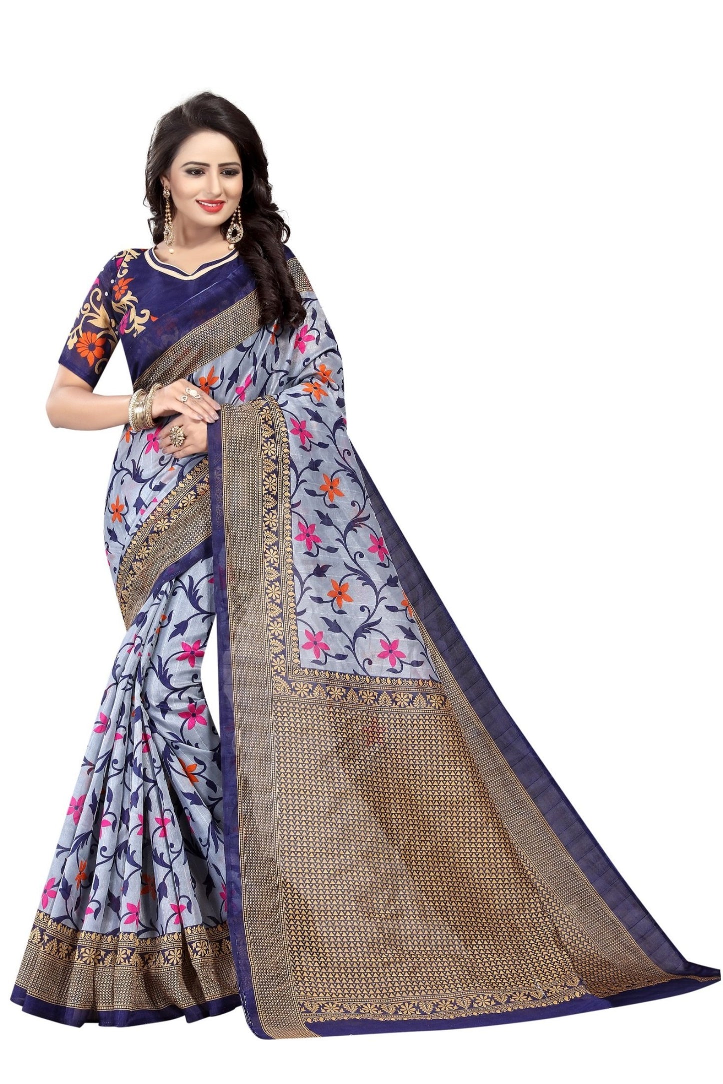 Yashika Womens Silk Saree With Blouse Piece (Sdpl-Swati Navy_Multicolor)
