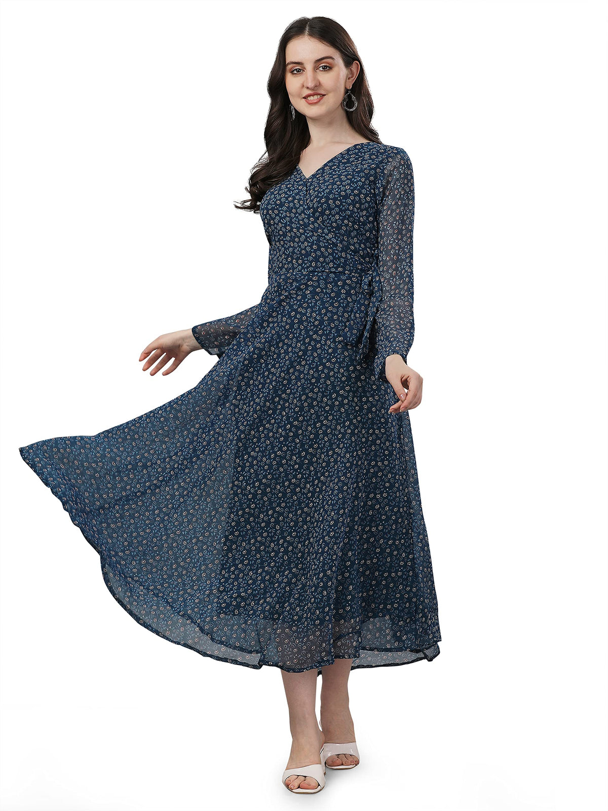 Trillmixa WomenS Georgette Midi Dress With Floral Printed Pattern Long Sleeves Knee Length V Neck A Line Style And Regular Fit