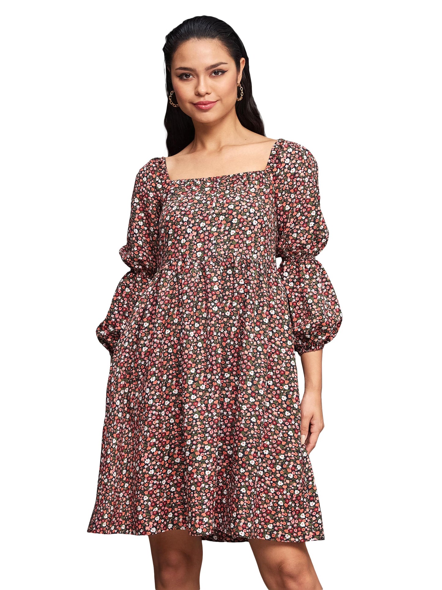 Miss Chase WomenS Square Neck Bishop Sleeve Viscose Rayon Floral Gathered Above Knee Dress With Pocket (Mcss22D16-09-171-04, Mu
