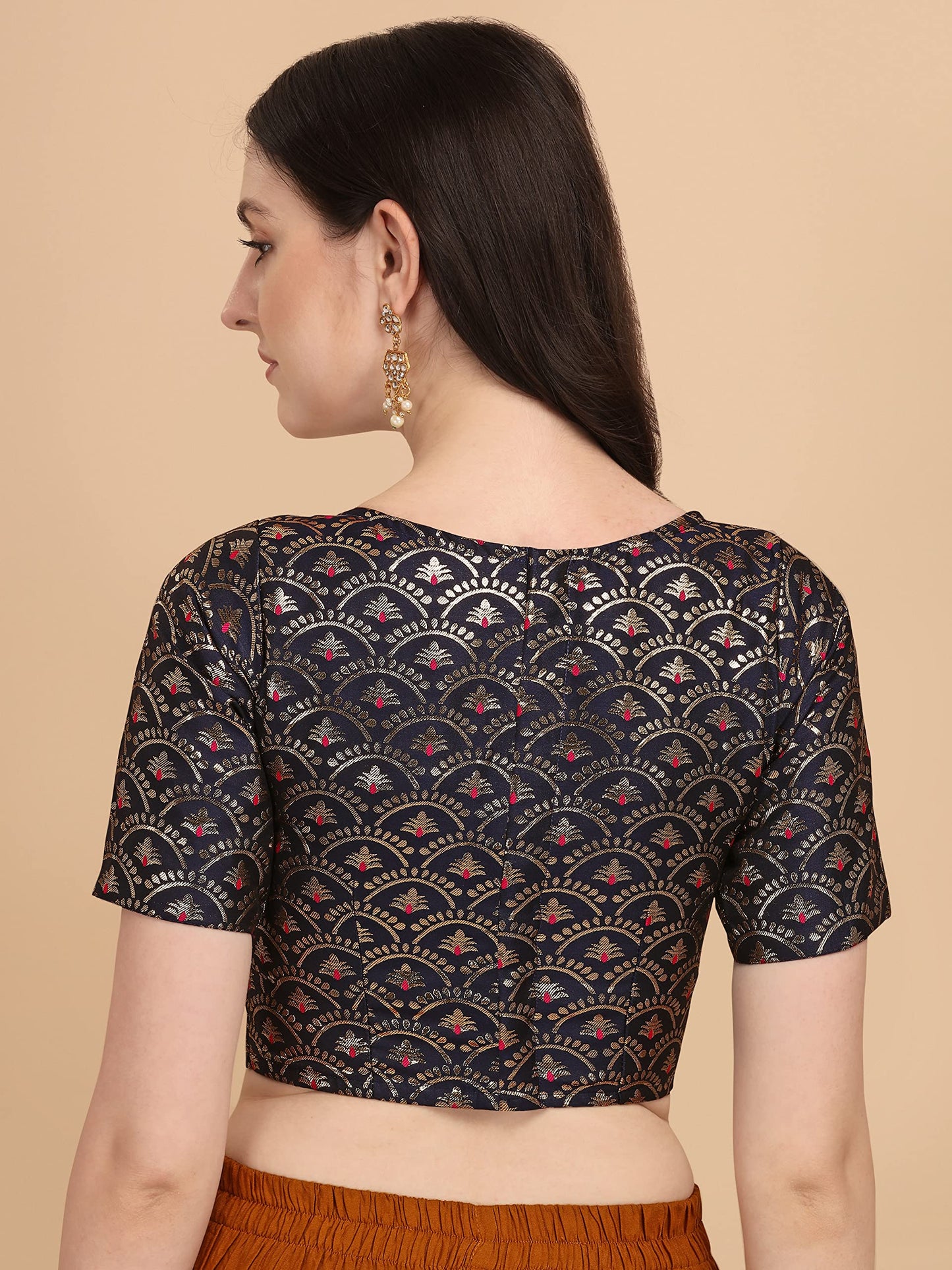 Oomph! WomenS Indian Ethnic Wear Designer Zari Work Boat Neck Half Sleeve Navy Blue Color Blouse For Saree Or Lehnga And Palazz