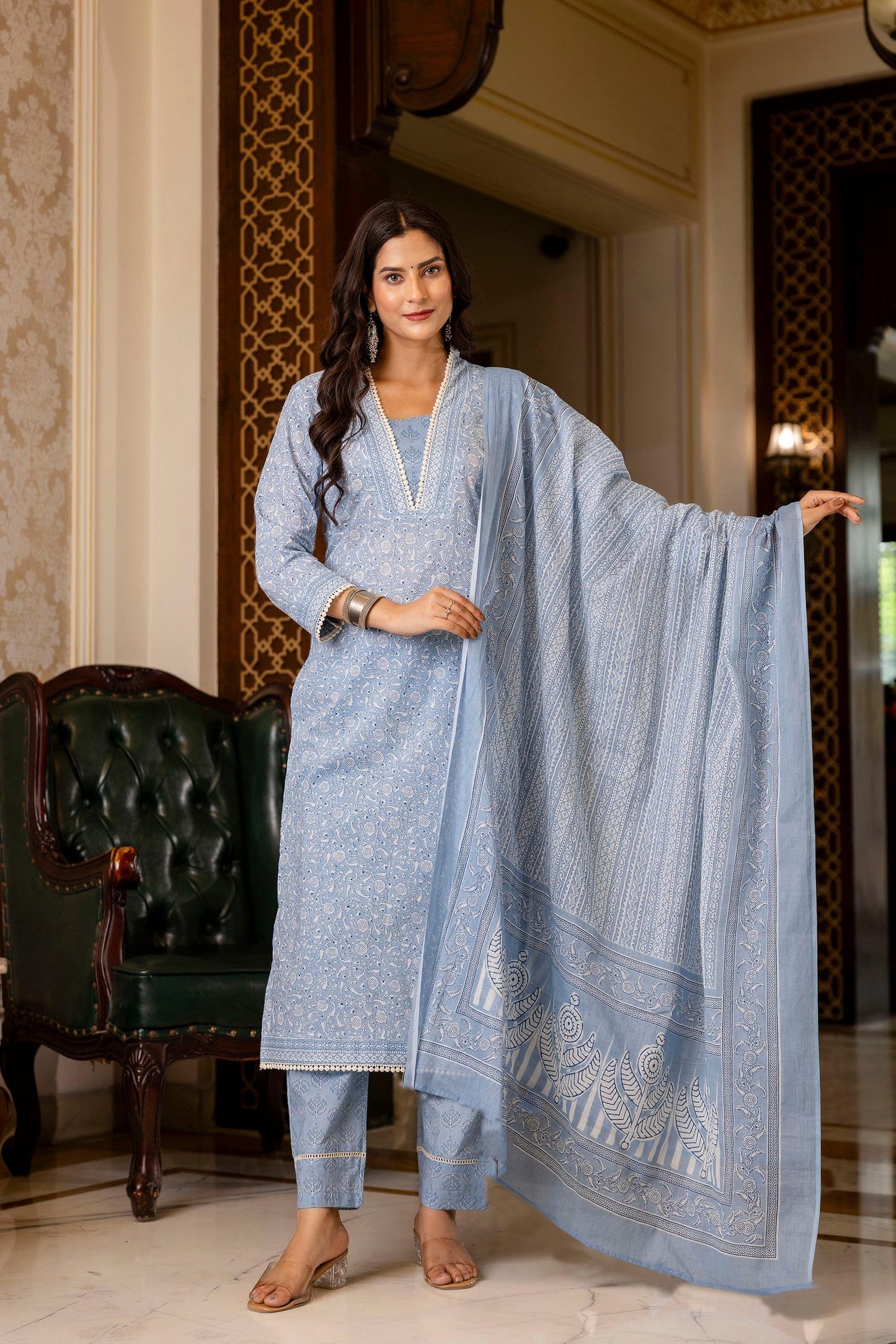 GoSriKi Women's Rayon Blend Straight Kurta with Pant & Dupatta, Size 48, Blue, Model SONEVA BLUE-GS