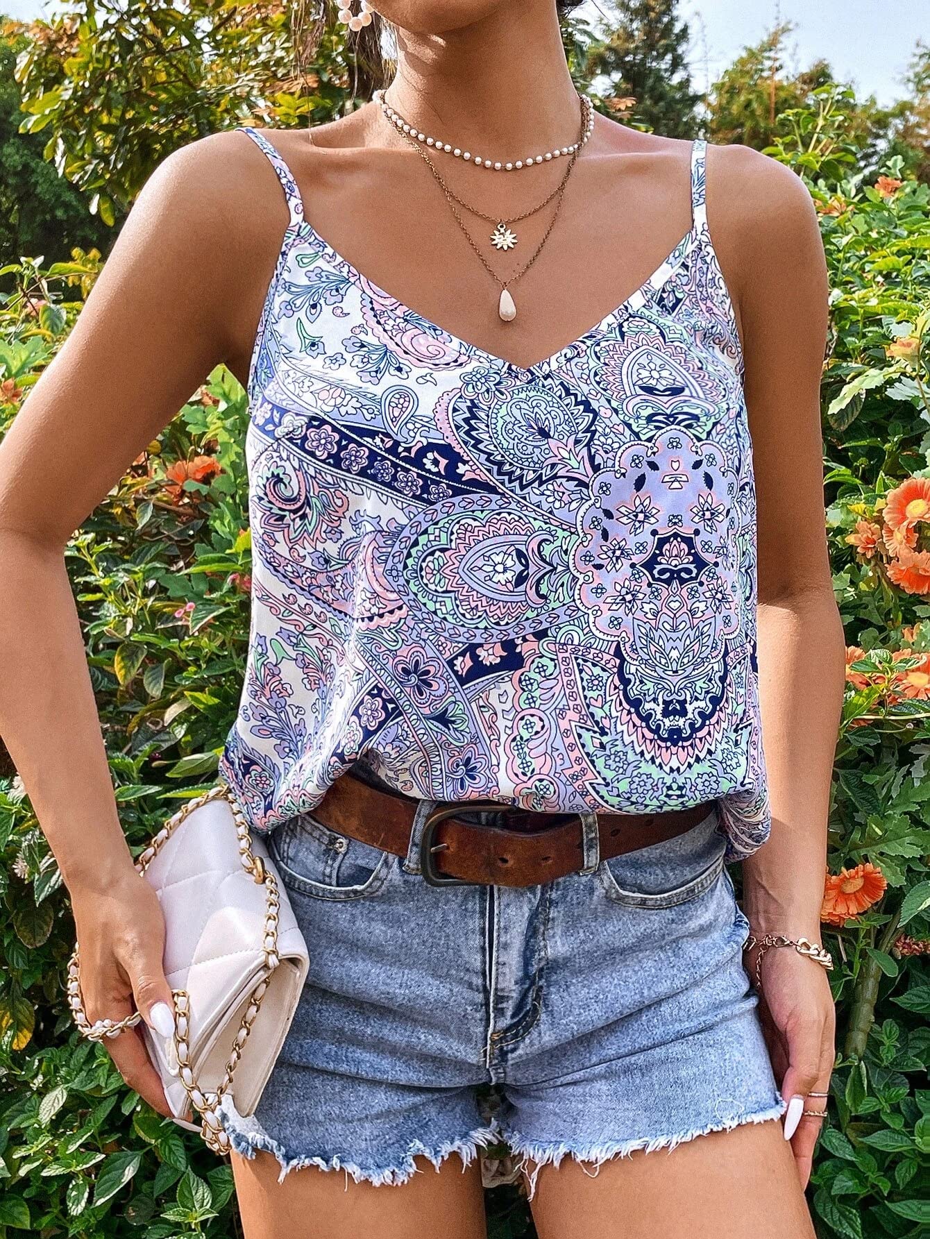 SMOWKLY Womens Casual Summer Spaghetti Strap Tank Tops Floral Print Cami Tank Top Sleeveless V Neck Strappy Top