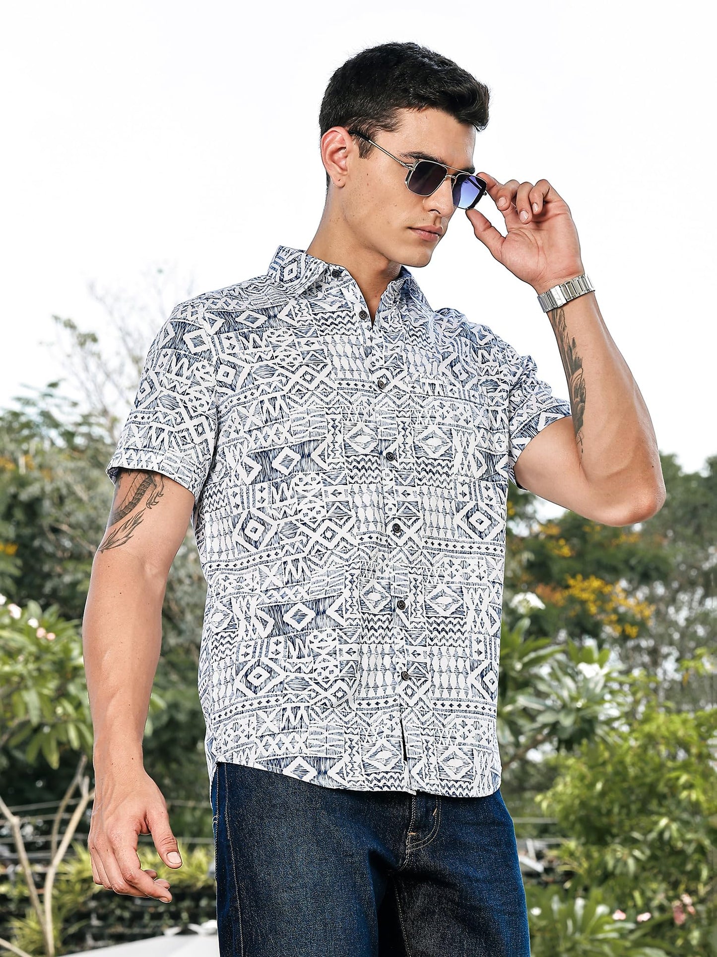 Thomas Scott Mens | All Over Printed | Spread Collar | 100% Cotton | Short Sleeve | Shirts for Men (Available in Plus Size) Blu