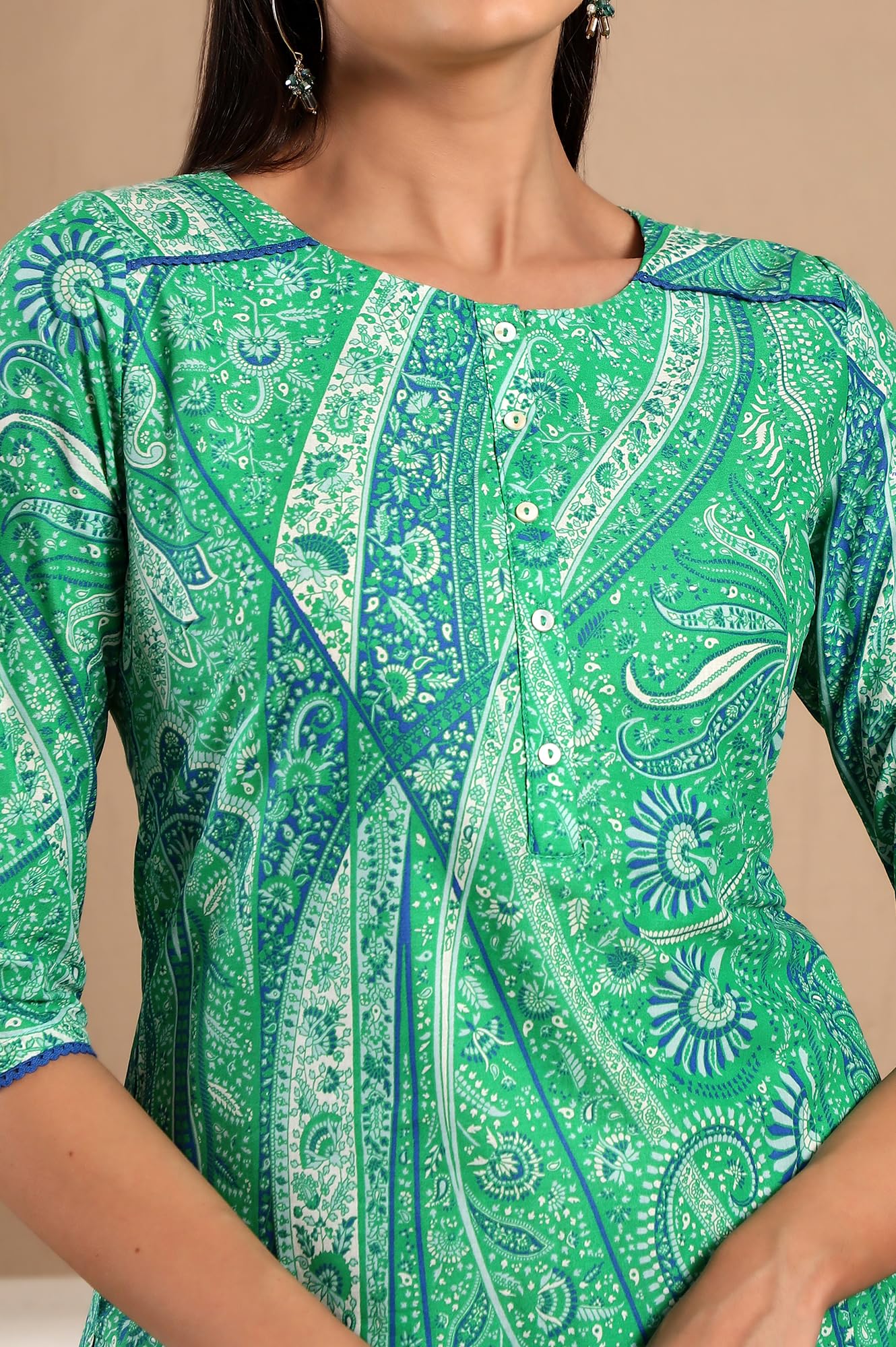 W for Woman Dark Green Paisley Printed Cotton Kurta and Pant Set