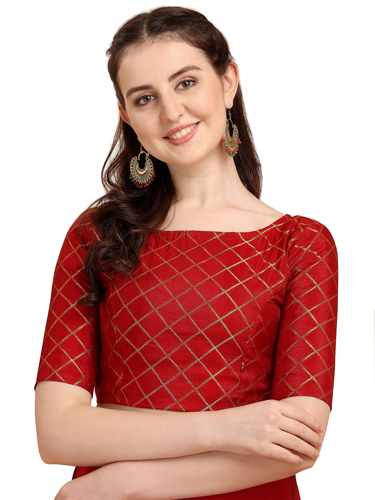 Oomph! WomenS Indian Ethnic Wear Designer Checked Pattern Zari Work Boat Neck Half Sleeve Red Color Jacquard Readymade Blouse F