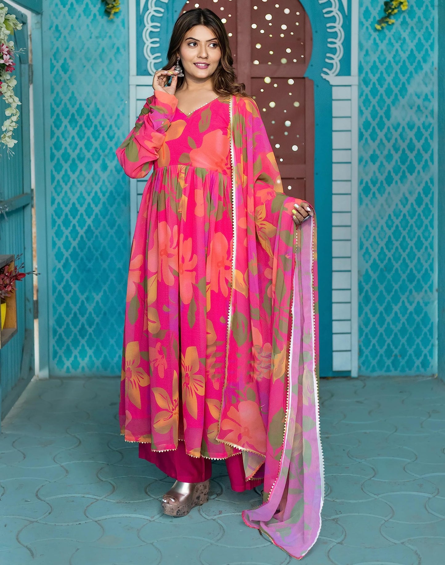 GoSriKi Women's Rayon Anarkali Printed Kurta with Pant & Dupatta