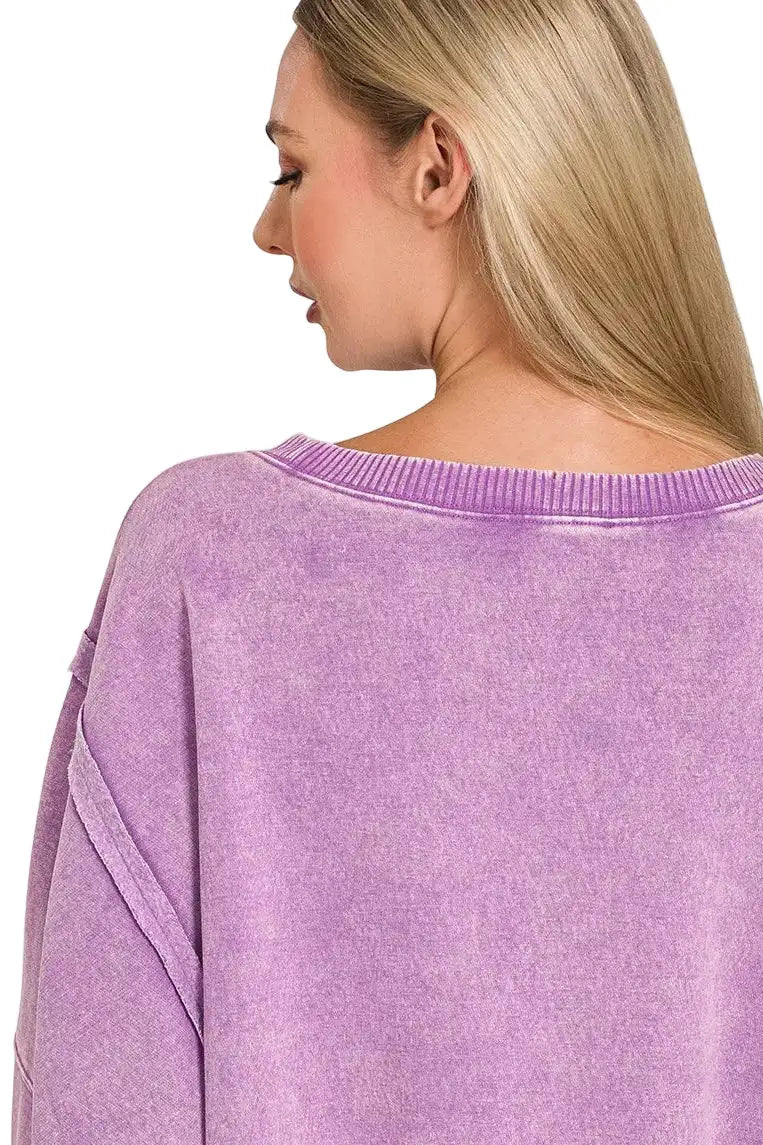 Zenana Acid Washed Batwing Sleeve Fleece Sweatshirt