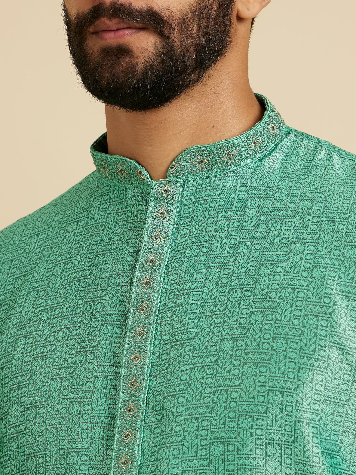 Manyavar MenS Art Silk Intricate Prints & Neck Detailing Kurta Pyjama Set (Green,L)