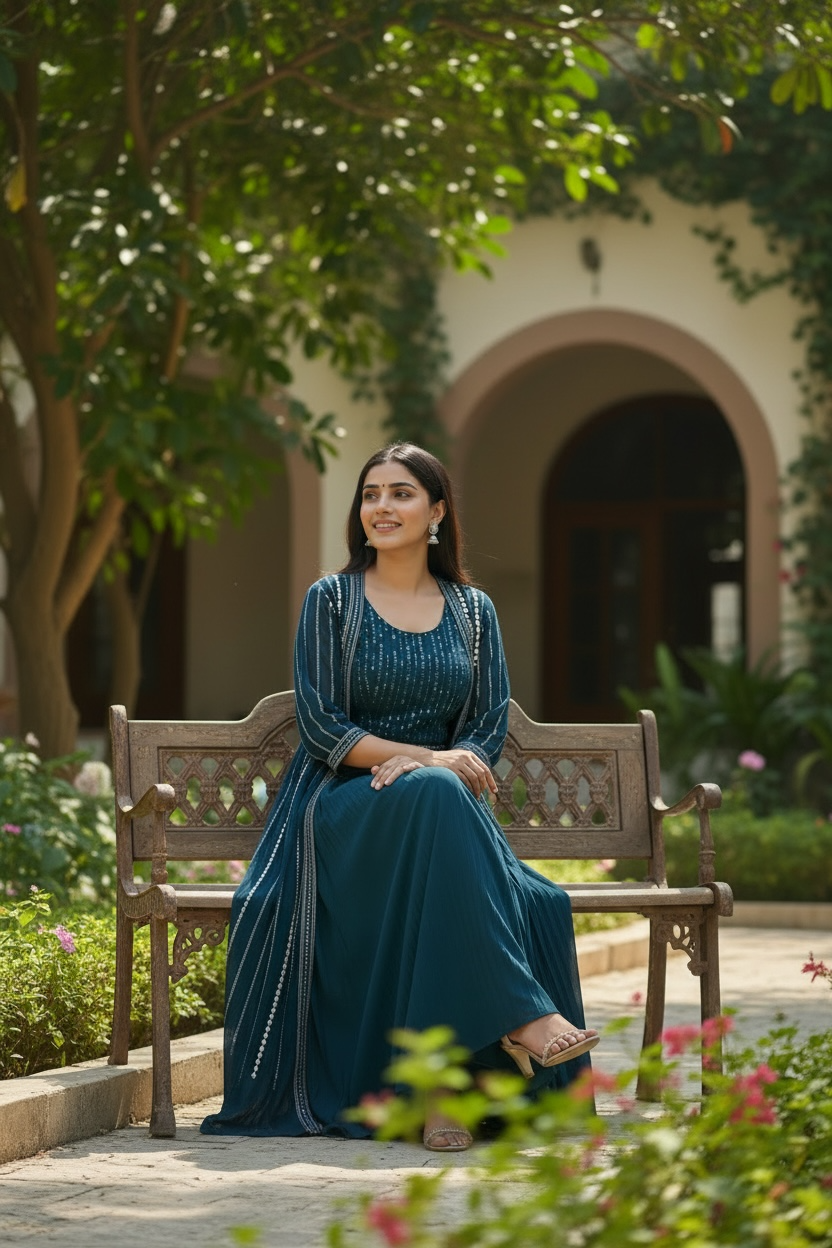 Dark blue lehenga set with long jacket